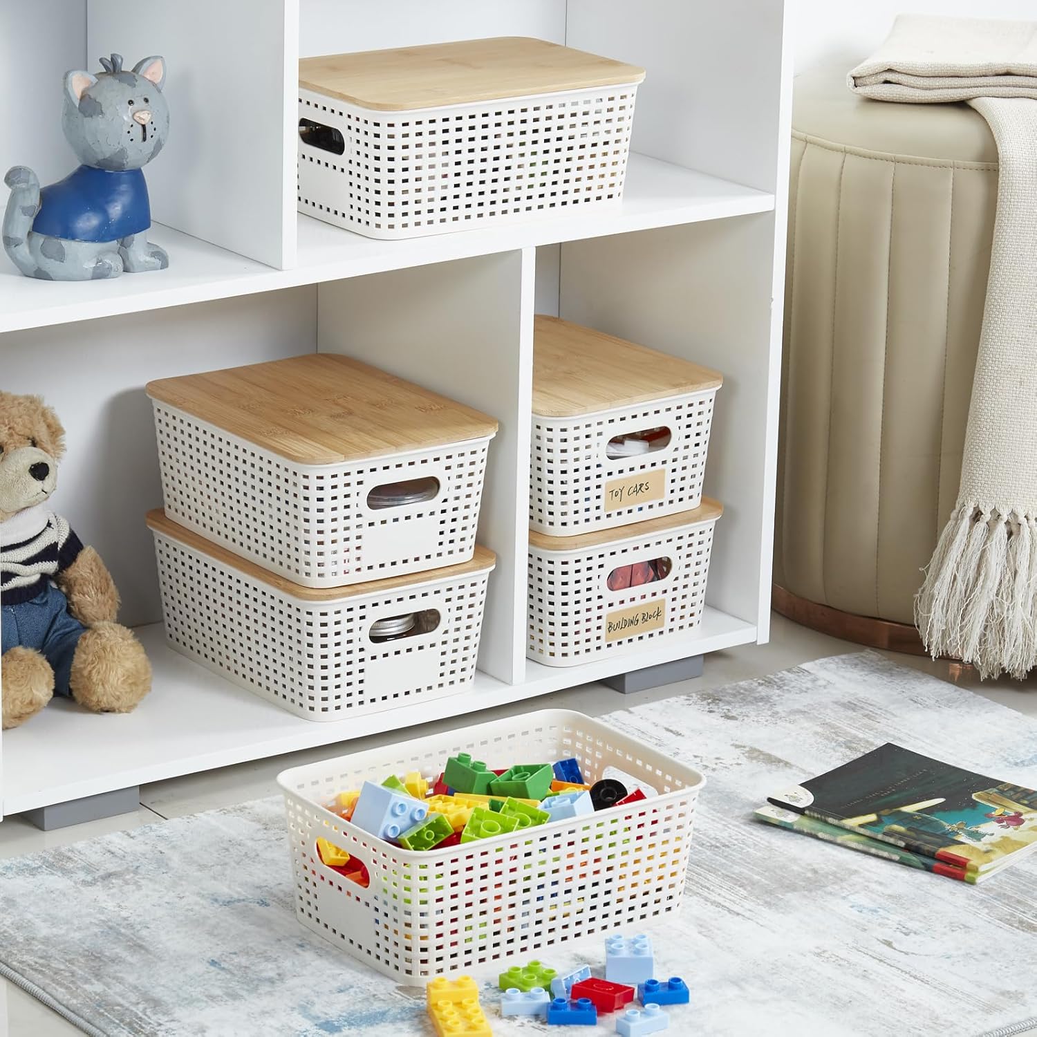 Bagnizer Small Plastic Storage Bins with Bamboo Lids 5.2qt Stackable Box Basket Pantry Decorative Containers Cute with Lable for Organizing Desktop Closet Office Cream White of 6 packs 10*7.2*4.1'u2019