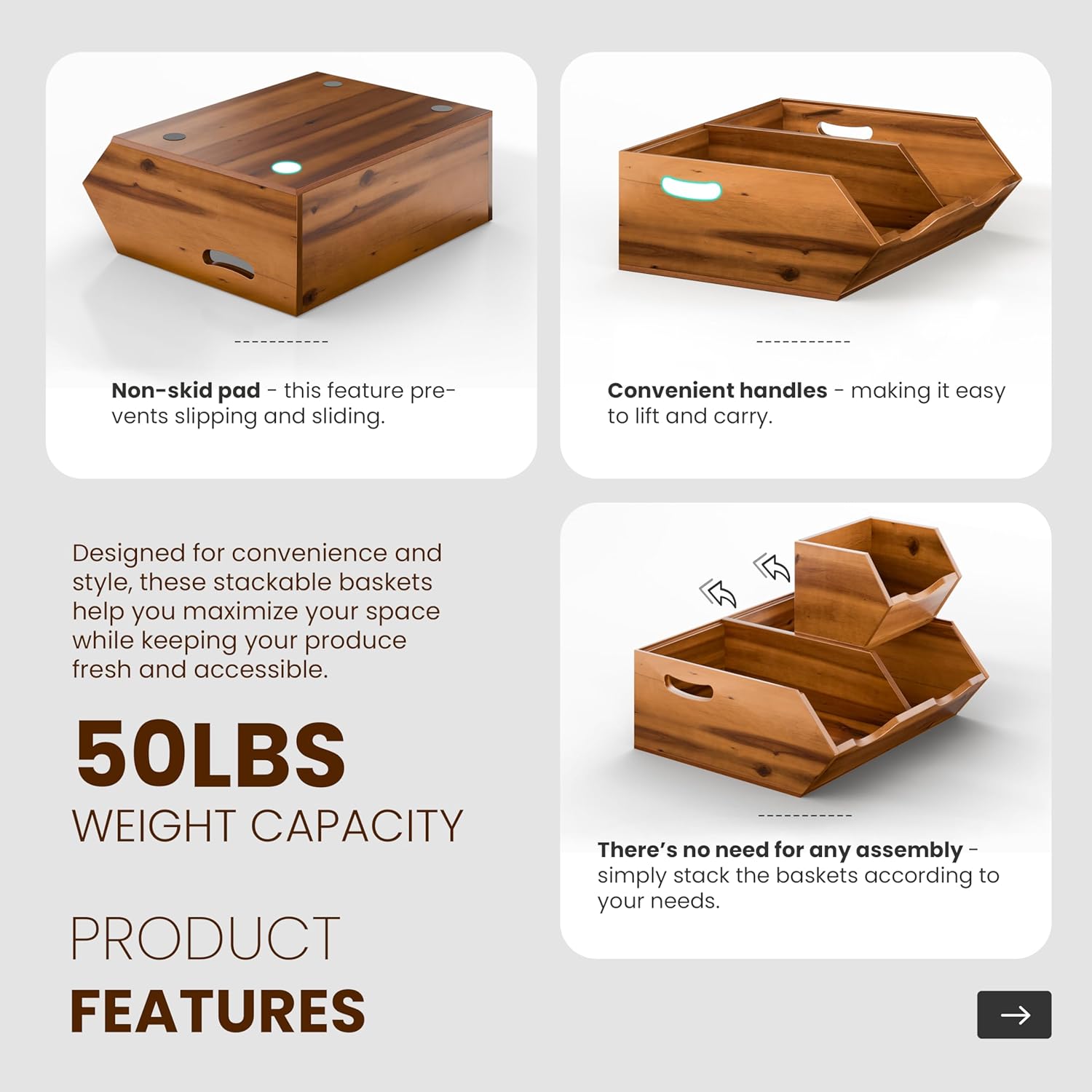 HOLANA Acacia Wood Potato and Onion Storage Bin, Potato Storage, Pantry Baskets, Vegetable Storage, Onion and Potato Storage Bins, Wooden Pantry Bins, Stackable Potato Bins (Patent Pending) - Image 3