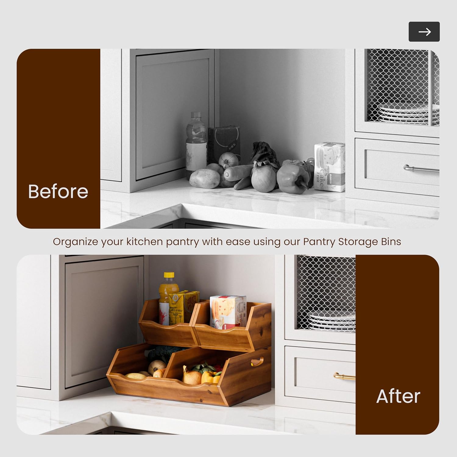 HOLANA Acacia Wood Potato and Onion Storage Bin, Potato Storage, Pantry Baskets, Vegetable Storage, Onion and Potato Storage Bins, Wooden Pantry Bins, Stackable Potato Bins (Patent Pending) - Image 4