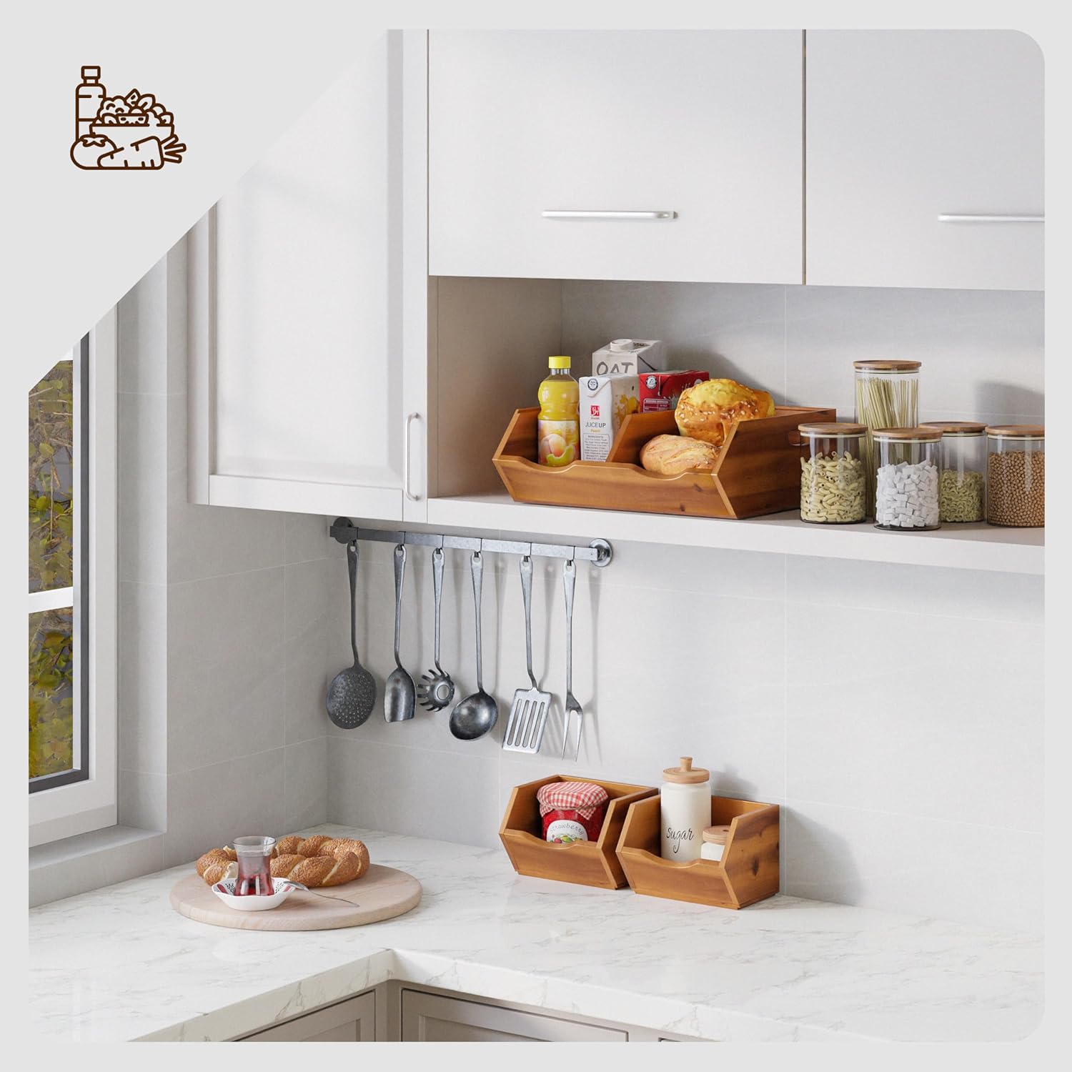 HOLANA Acacia Wood Potato and Onion Storage Bin, Potato Storage, Pantry Baskets, Vegetable Storage, Onion and Potato Storage Bins, Wooden Pantry Bins, Stackable Potato Bins (Patent Pending) - Image 5