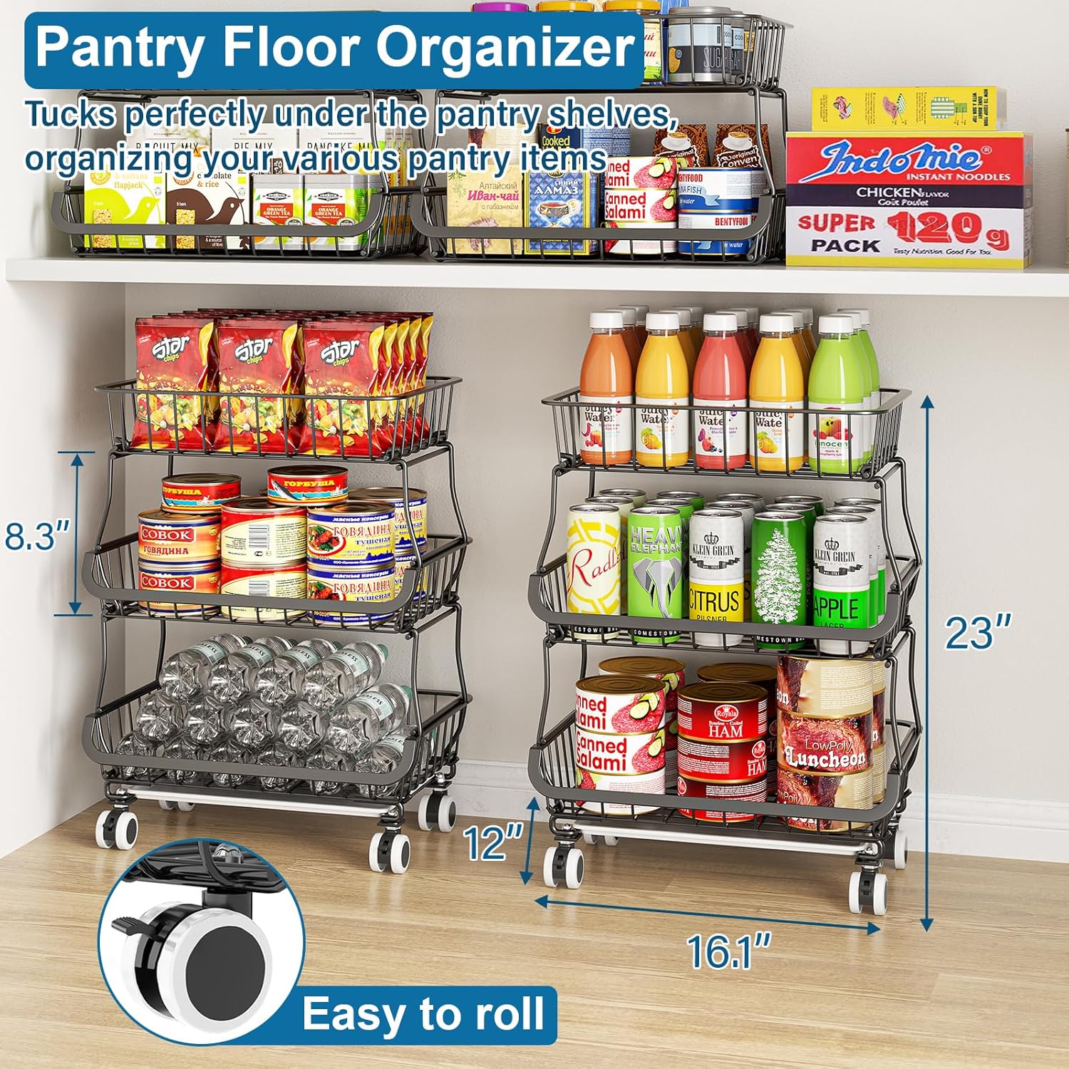 OKZEST 3-Tier Rolling Pantry Floor Organizer and Storage Cart with Wheels, Stackable Wire Pantry Baskets for Pantry Shelves, Kitchen Fruit Basket Stand and Storage Rack for Fruit Snack Onion Potato