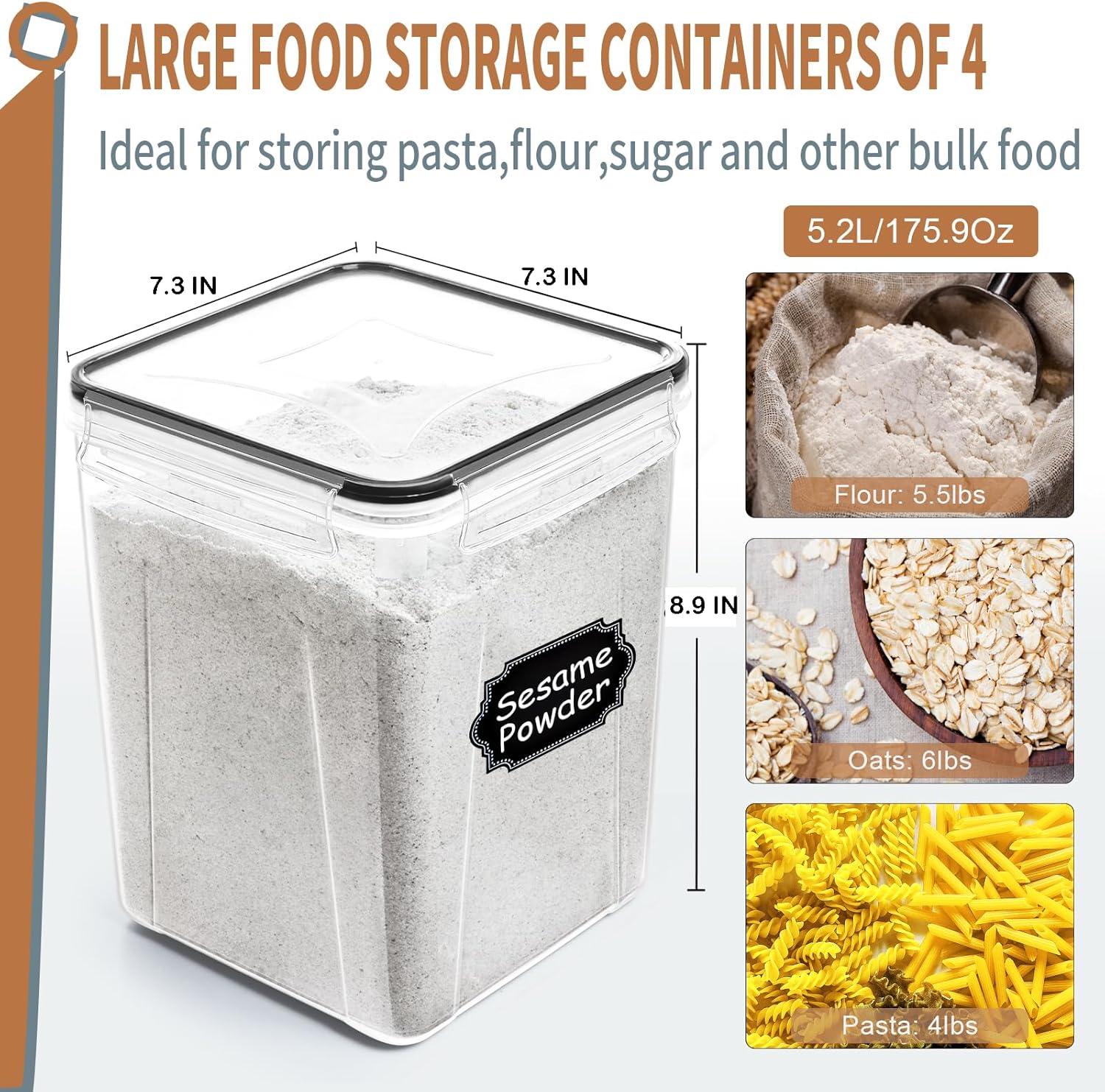PRAKI Large Airtight Food Storage Containers 5.2L / 195oz, 4pcs Pantry Kitchen Organizers and Storage for Flour, Sugar, Baking Supplies, BPA Free, Plastic Flour Containers with 20 Labels & Maker - Image 2