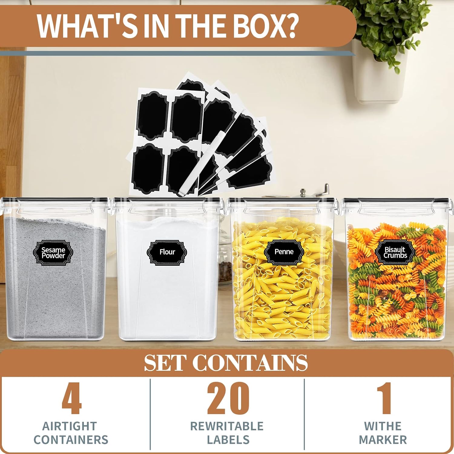 PRAKI Large Airtight Food Storage Containers 5.2L / 195oz, 4pcs Pantry Kitchen Organizers and Storage for Flour, Sugar, Baking Supplies, BPA Free, Plastic Flour Containers with 20 Labels & Maker - Image 3