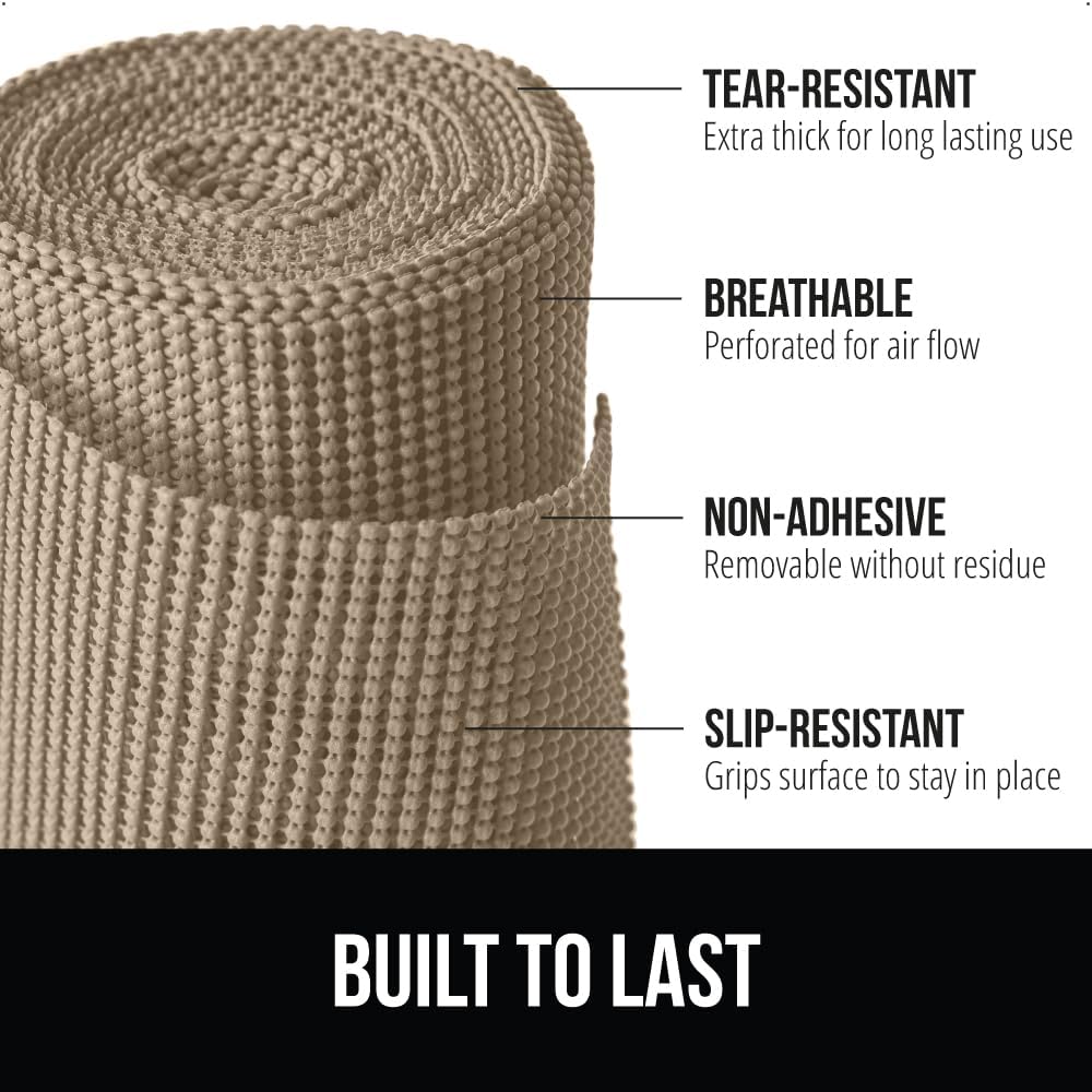 GORILLA GRIP powerGRIP Drawer Shelf and Cabinet Liner, Thick Strong Hold, Non-Adhesive Liners Protect Kitchen Cabinets and Cupboard, Bathroom Drawers, Easy Install, Breathable Mat, 12" x10', Beige