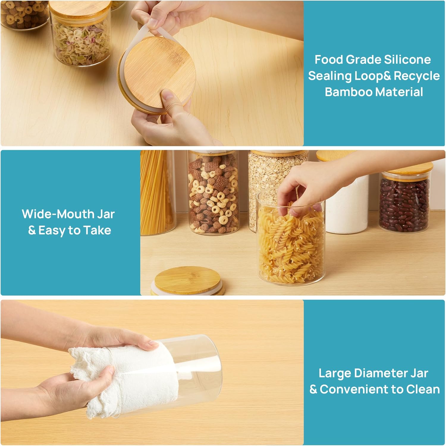 Vtopmart Glass Food Storage Jars, 7 Pack Kitchen Containers with Airtight Bamboo Wooden Lids for Pasta, Cookies, Nuts, Coffee Beans, Cereal, Canisters Set for Flour, Pantry Organization, BPA Free - Image 5