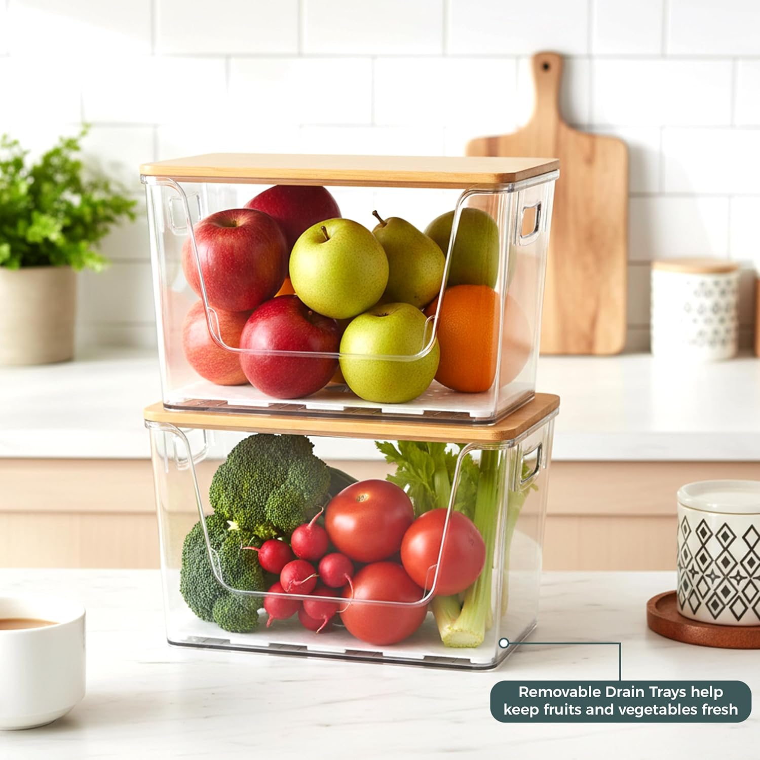 2 Set Pantry Organizers, Storage,Bamboo Lids with Removable Drain Trays, Stackable Clear Bins for Potato, Onion, Vegetables, Fruit, Trash Bag Dispenser, Under Sink Organizer for 4-13 Gal Bags