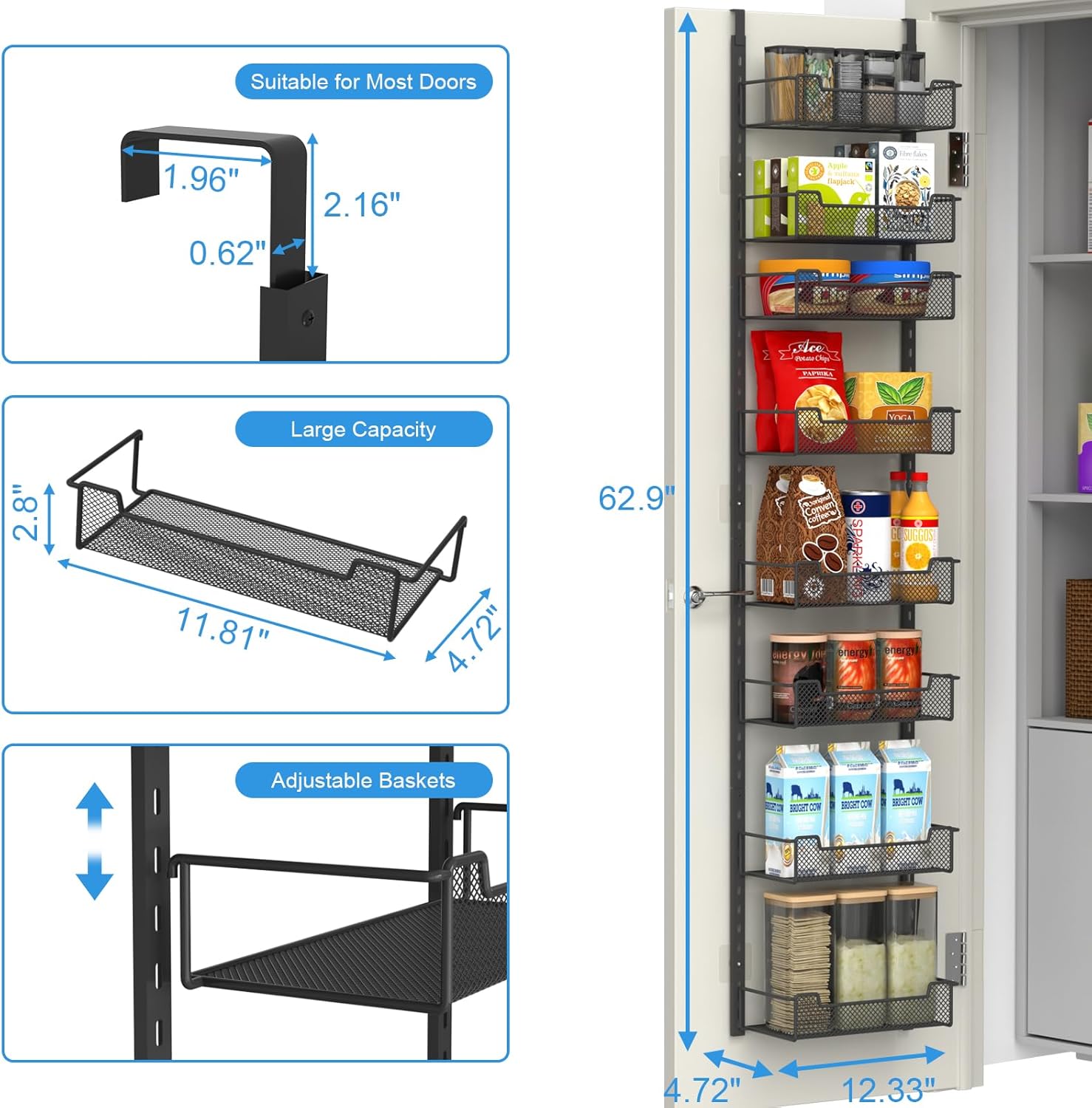 VyGrow 12.3" W Narrow Over the Door Pantry Organizer, 8-Tier Over the Door Organizer with Adjustable Basket, Pantry Door Organization for Pantry Kitchen Storage Room Spice Rack, Black