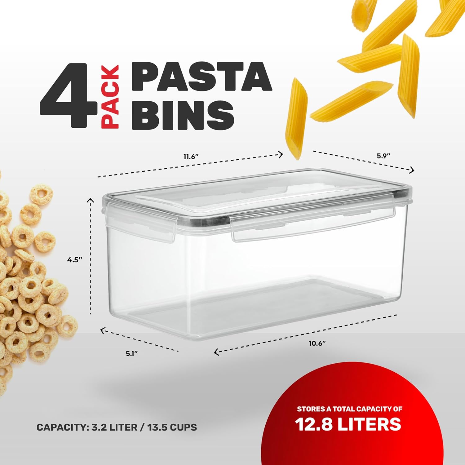 Large Airtight Food Storage Containers with Lids Set of 4 3.2L - 102 fl. oz Pasta storage Containers, BPA Free Plastic Spaghetti container - Air Tight Canisters for Kitchen Pantry Organization - Image 2