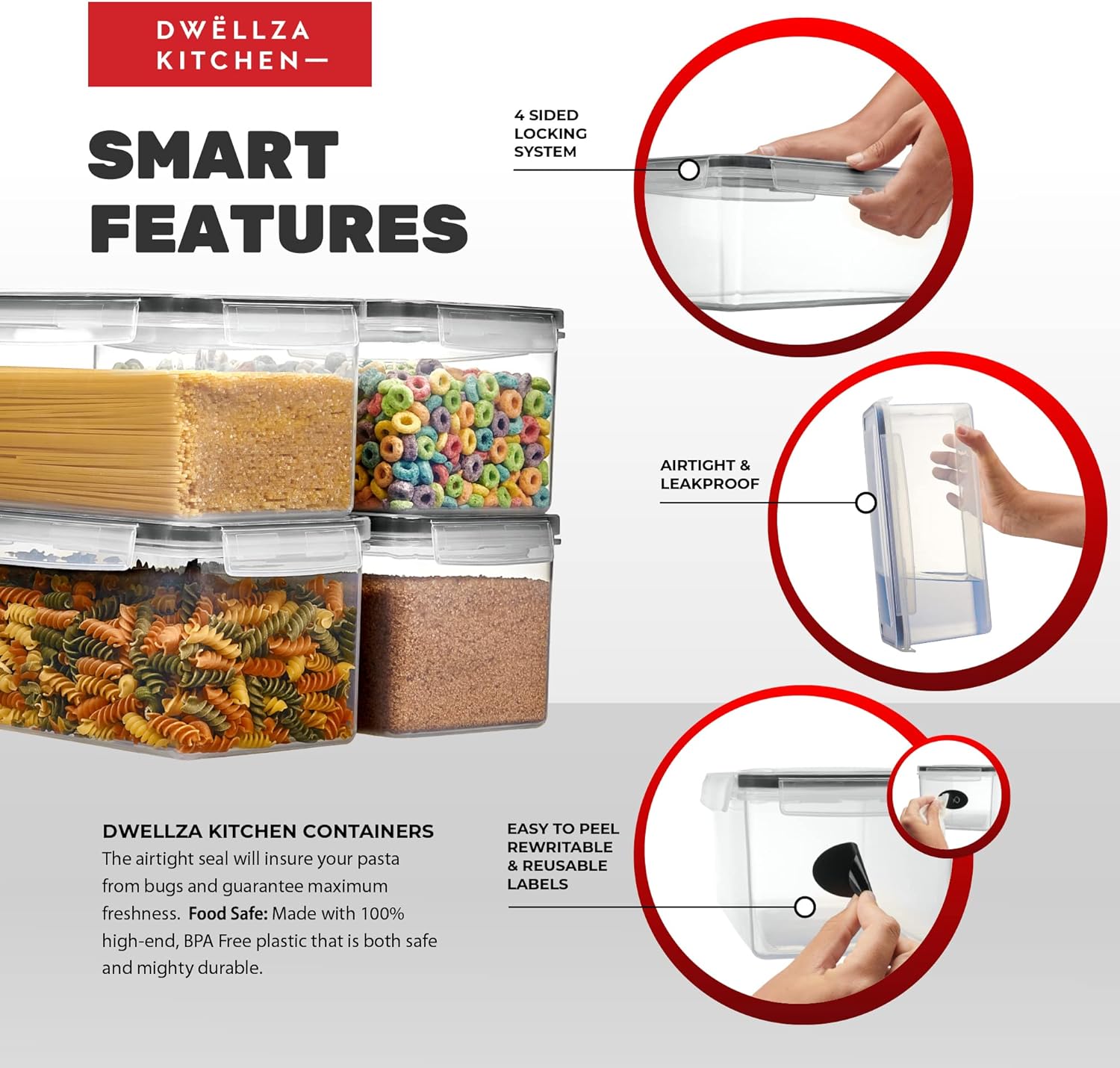 Large Airtight Food Storage Containers with Lids Set of 4 3.2L - 102 fl. oz Pasta storage Containers, BPA Free Plastic Spaghetti container - Air Tight Canisters for Kitchen Pantry Organization - Image 3