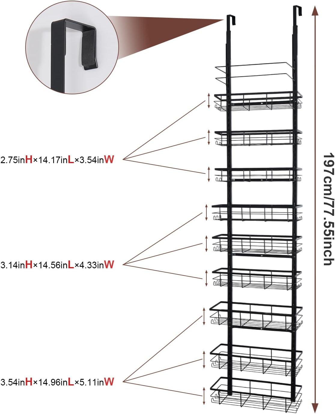 9-Tier Over The Door Pantry Organizer, Adjustable Metal Hanging Spice Rack for Kitchen, Bathroom & Bedroom Storage, Heavy-Duty Alloy Door Rack Organizer with 3 Basket Sizes, 9 Baskets