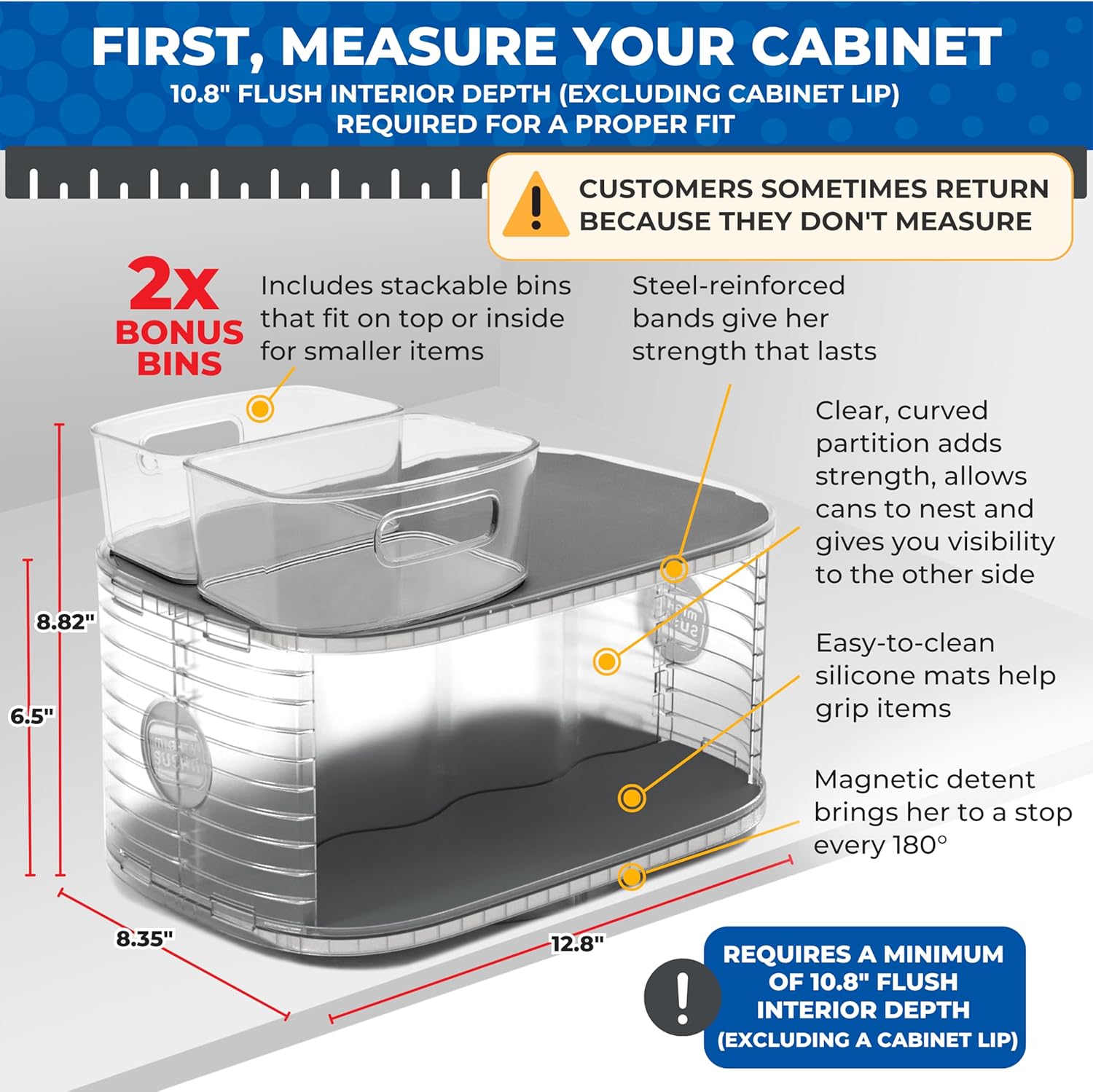 Mighty Susan Kitchen Organizer for Canned Goods: 2-Tiered Robust Turntable Organizer for Cabinet/Pantry. Steel Reinforced Holds Up To 30 lbs. Rotates 360° for Maximum Visibility. Includes 2 Bonus Bins