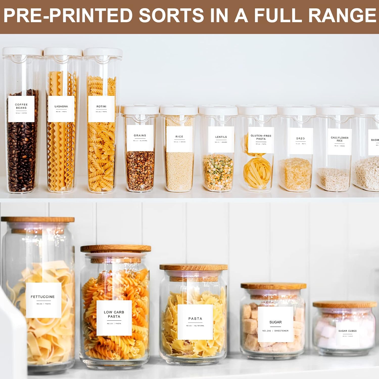 308 Kitchen Pantry Labels for Food Containers, 3 Sizes White Minimalist Labels for Organizing, Food Label for Jars, Storage Bins, Preprinted Waterproof Pantry Label for Containers