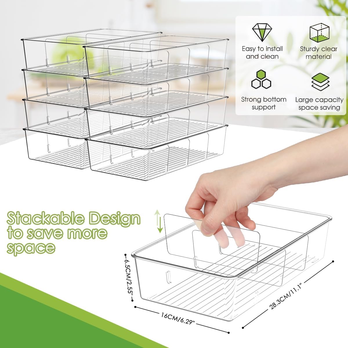 6 Pack Food Storage Organizer Bins Clear Plastic Removable Snack Organizer Pantry Organization Storage Racks with 3 Dividers, Kitchen, Cabinets Snacks, Packets, Spices, Pouches Stackable Bins