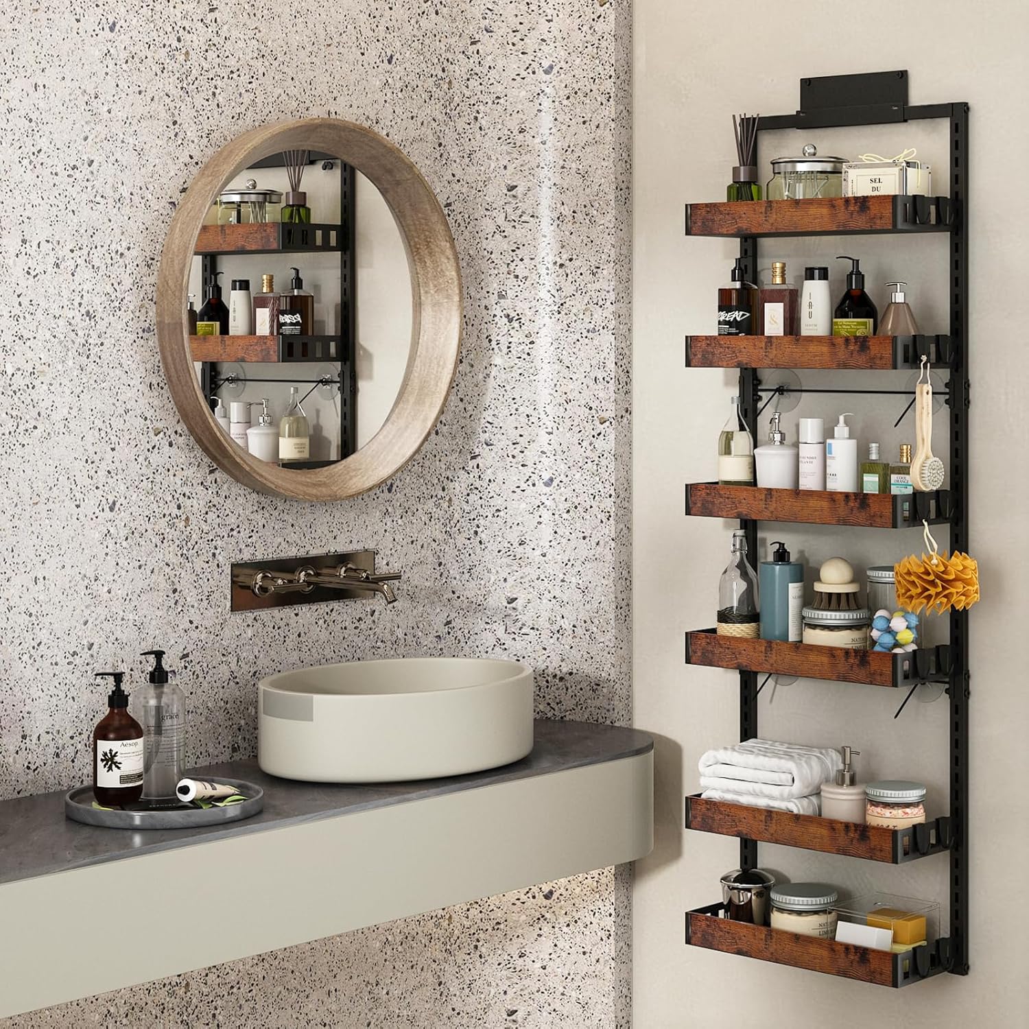 bukfen Over the Door Pantry Organizer, 6-Tier Adjustable Wooden Basket Kitchen Pantry Door Organization and Storage, Heavy-Duty Metal Hanging Kitchen Spice Rack,D6.3 x W17.71 x H50.60 inch,1 Pack - Image 7