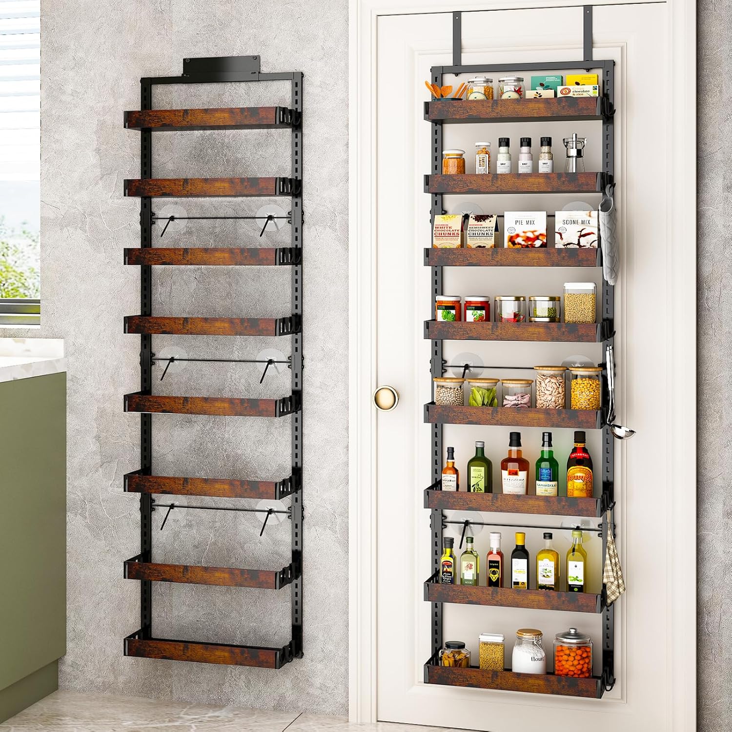bukfen Over the Door Pantry Organizer, 6-Tier Adjustable Wooden Basket Kitchen Pantry Door Organization and Storage, Heavy-Duty Metal Hanging Kitchen Spice Rack,D6.3 x W17.71 x H50.60 inch,1 Pack - Image 9
