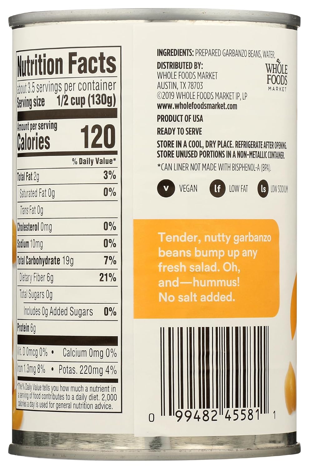 365 by Whole Foods Market, Unsalted Garbanzo Beans, 15.5 Ounce