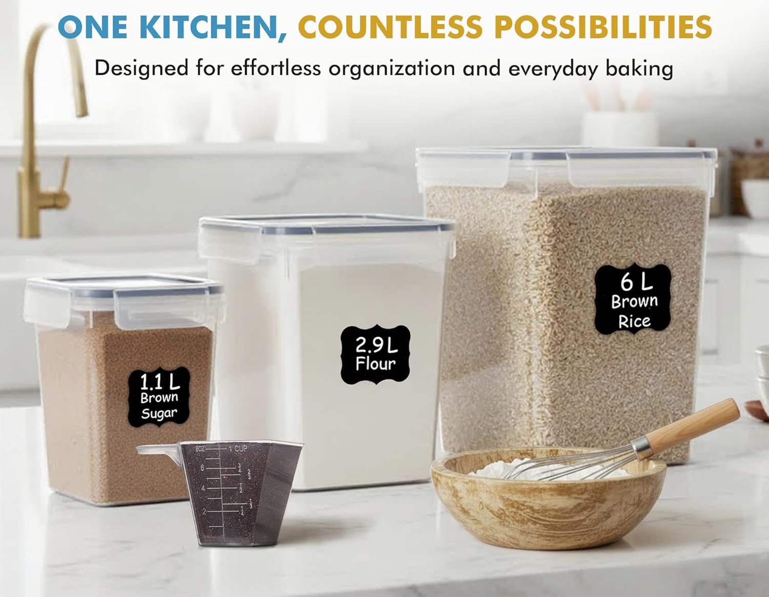 Shazo Flour Sugar Storage Containers Set of 3 (6L, 2.9L, 1.1L) Large Airtight Food Storage Containers with Lids, BPA-Free Plastic Container for Kitchen & Pantry Organizers, Cereal, Rice & Pasta