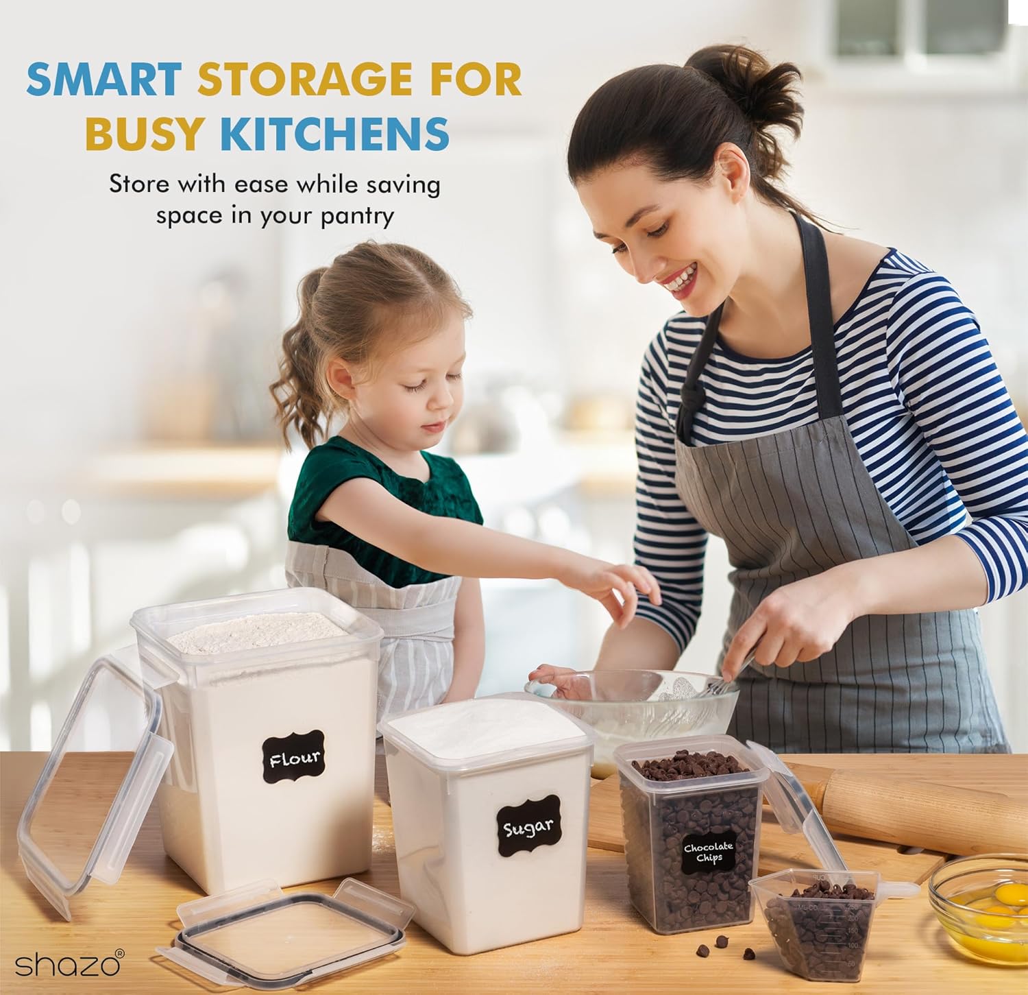 Shazo Flour Sugar Storage Containers Set of 3 (6L, 2.9L, 1.1L) Large Airtight Food Storage Containers with Lids, BPA-Free Plastic Container for Kitchen & Pantry Organizers, Cereal, Rice & Pasta - Image 4