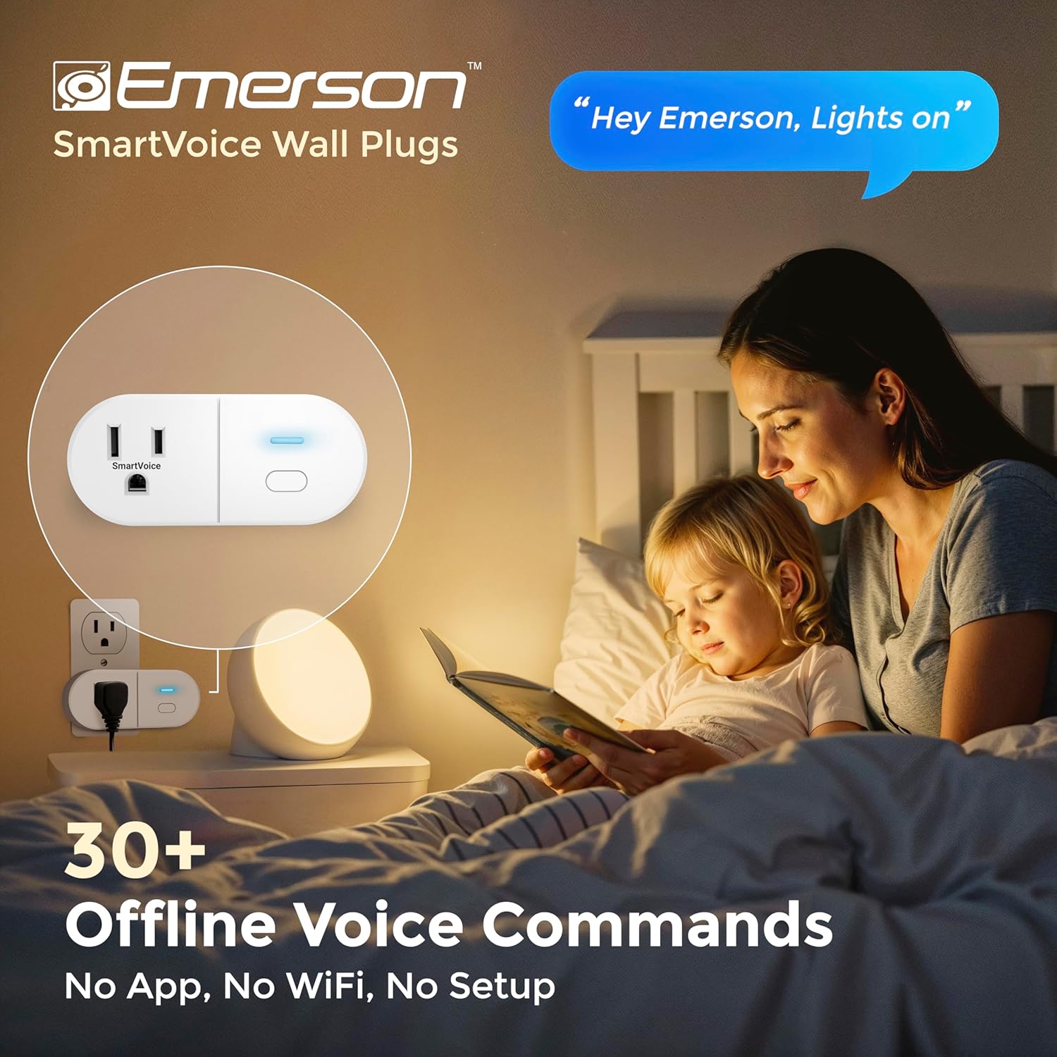 Emerson SmartVoice ES513 Wall Plug, Offline 30+ Voice Control Commands - No APP, No WiFi, No Setup, Smart Outlet Extender for Home and Office, Sleep & Wake Timer, ETL Listed