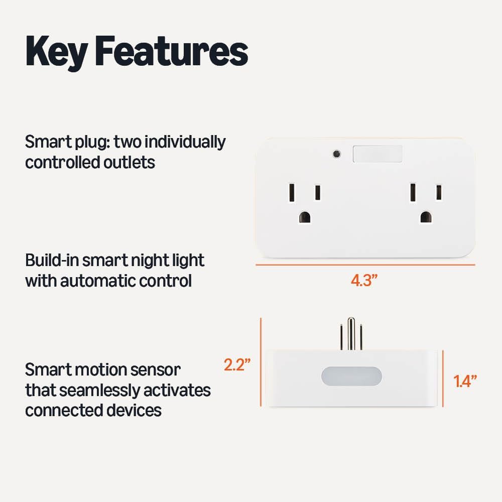 Amazon Basics Dual Smart Plug with Motion Sensor and Night Light, Works with Alexa Only, 2.4 GHz Wi-Fi, No Hub Required, 4.33 x 2.36 x 1.38 in, White