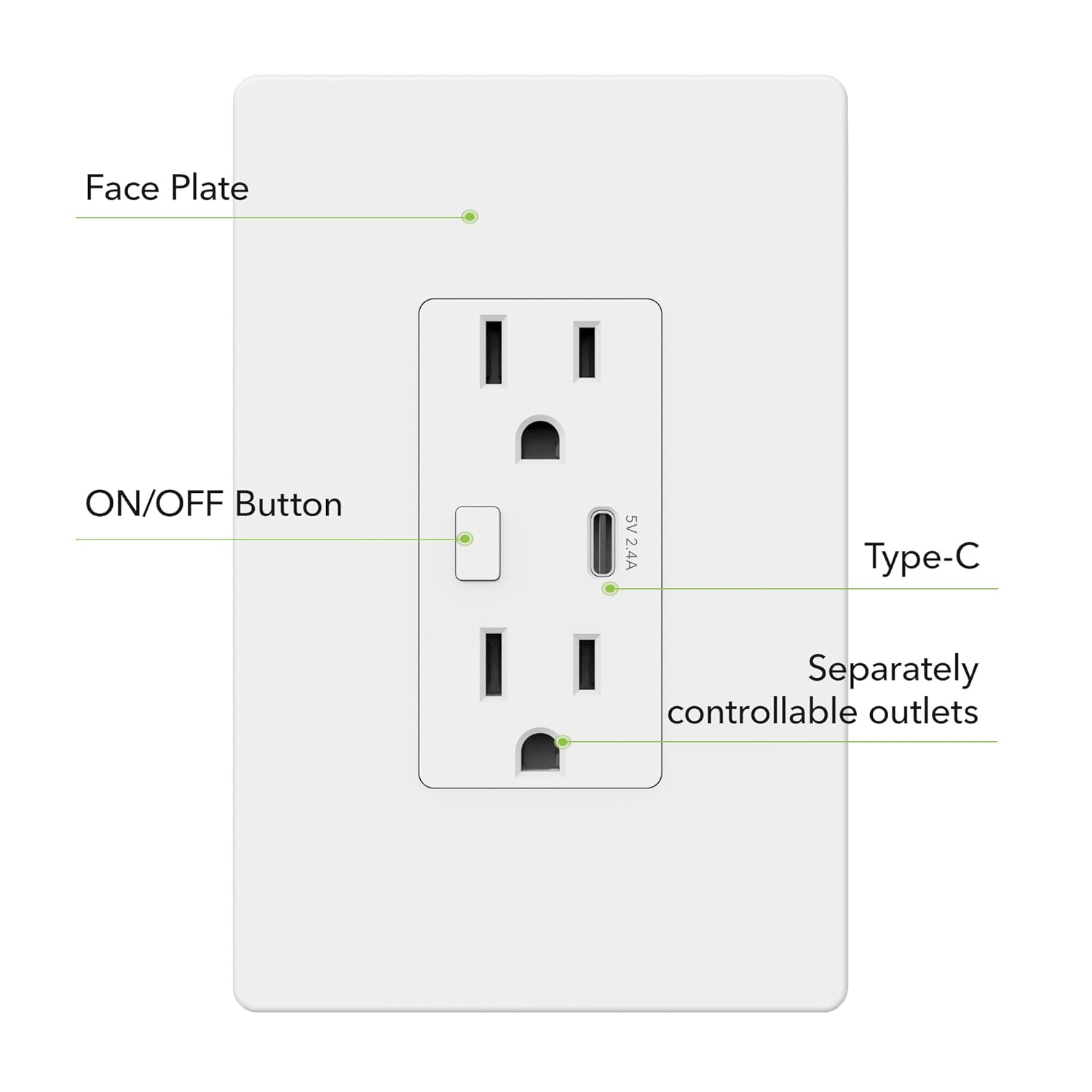 BN-LINK Smart Electrical Outlet with 2 Controlled Plugs and Type-C Charging, in-Wall Smart Wi-Fi Outlet with Voice and APP Remote Control, Compatible with Alexa and Google Assistant, 2.4GHz Wi-Fi Only