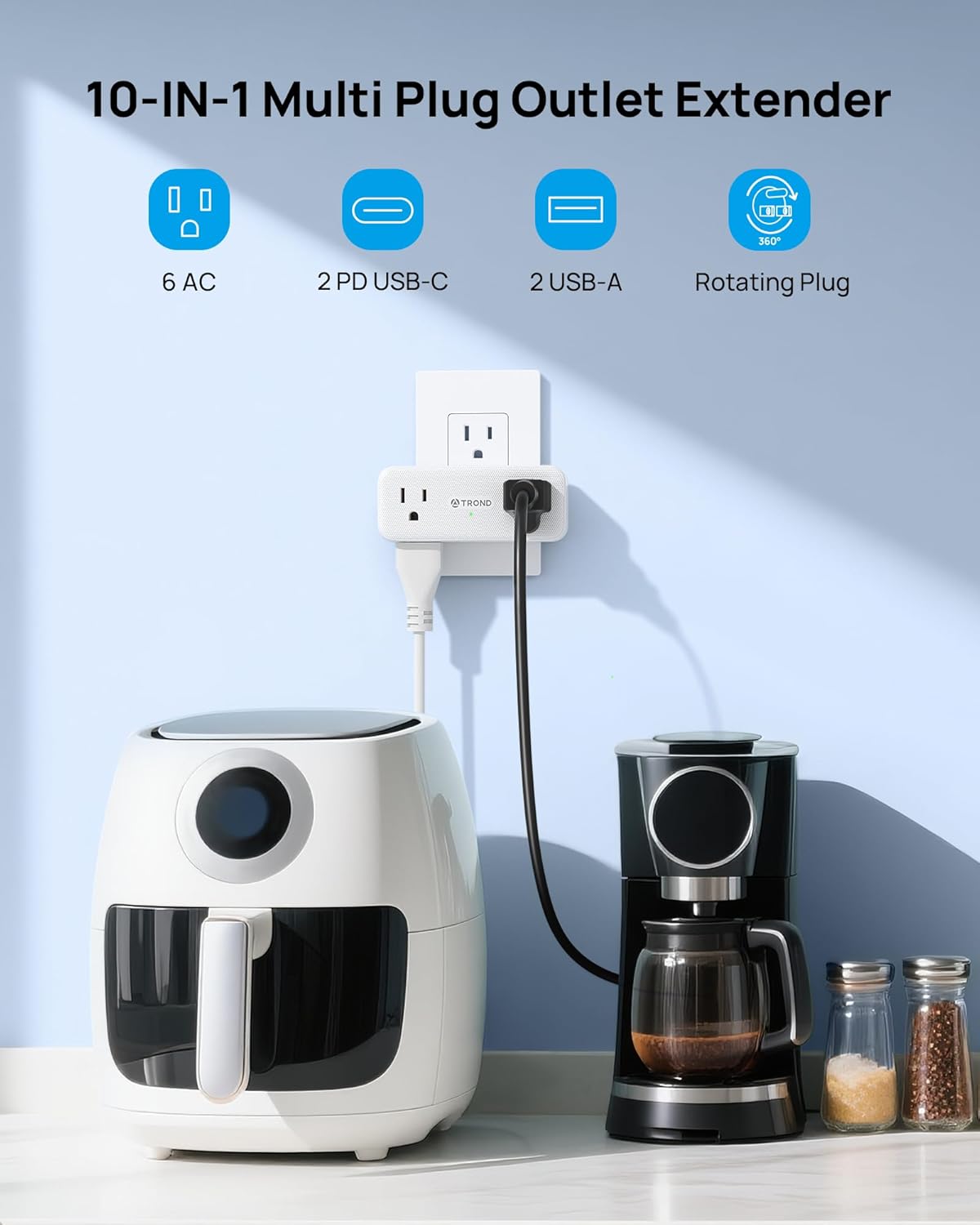 TROND Electrical Outlet Extender, 6 AC Outlet Splitter with 360° Rotating Plug, Multi Plug Adapter with PD 20W USB C, 2 USB-A & 2 USB-C, 3 Way Wall Extension Adapter for Home Office Travel Dorm