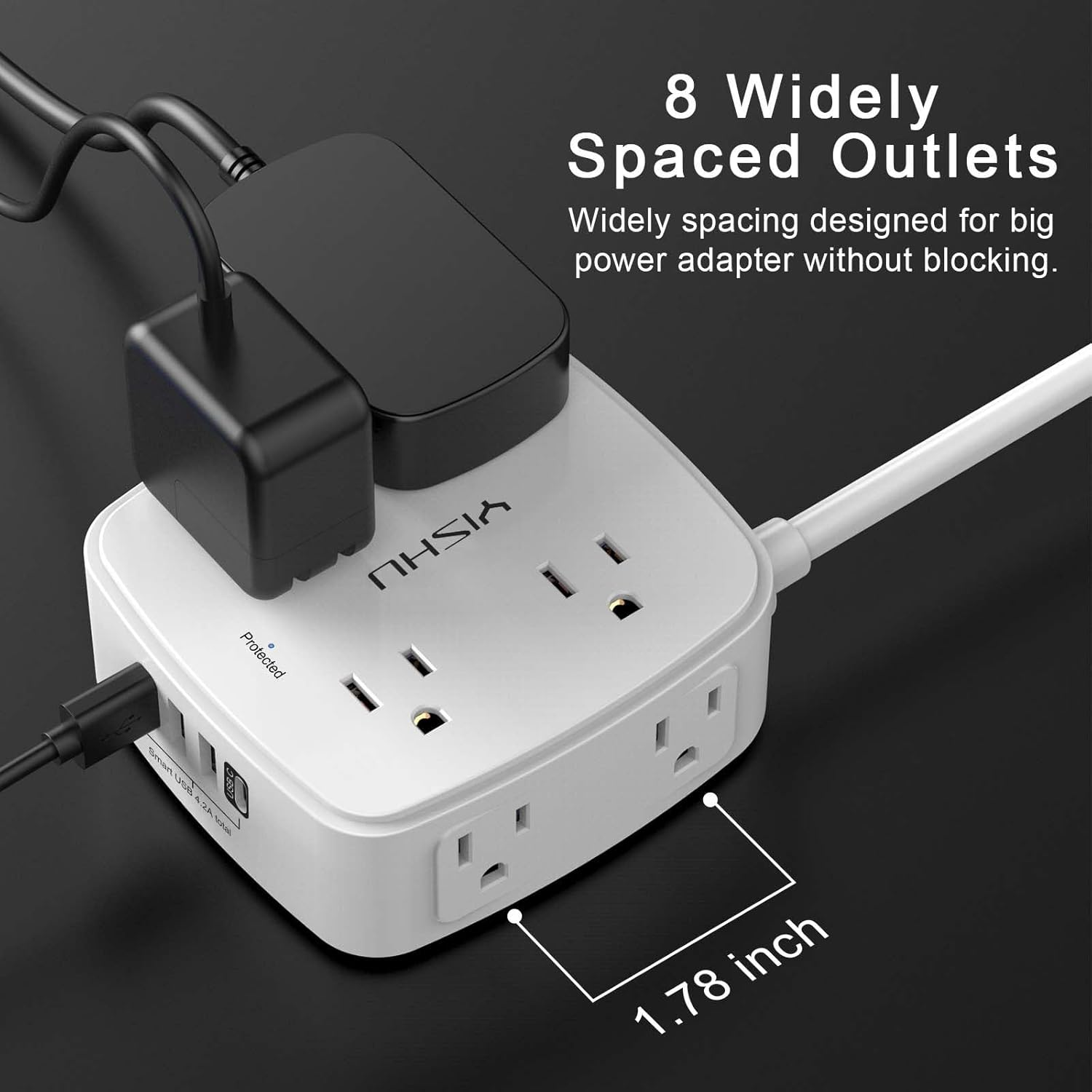 6 Ft Surge Protector Power Strip - 8 Widely Outlets with 4 USB Ports, 3 Side Outlet Extender with 6 Feet Extension Cord, Flat Plug, Wall Mount, Desk USB Charging Station, ETL,White - Image 2