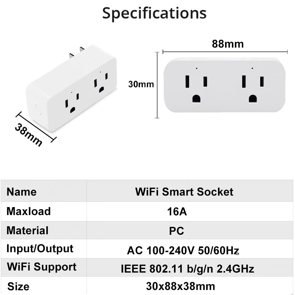 Ewelink 16A WiFi Dual Smart Outlet Plug with 2 Independent Control Sockets, App Control Timer Switch, 2-in-1 Compact Design, Compatible with Alexa,Google, SmartThings