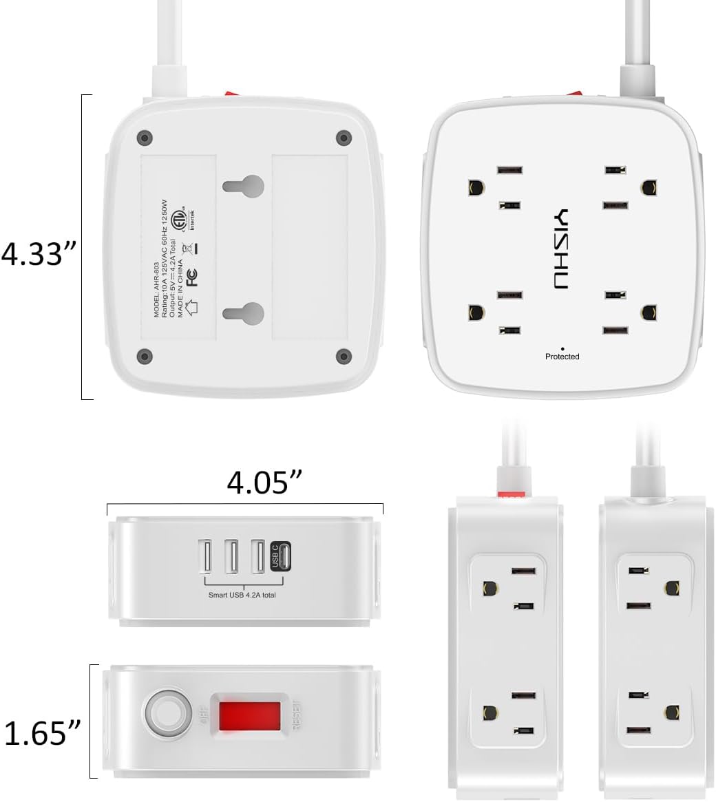 6 Ft Surge Protector Power Strip - 8 Widely Outlets with 4 USB Ports, 3 Side Outlet Extender with 6 Feet Extension Cord, Flat Plug, Wall Mount, Desk USB Charging Station, ETL,White - Image 6