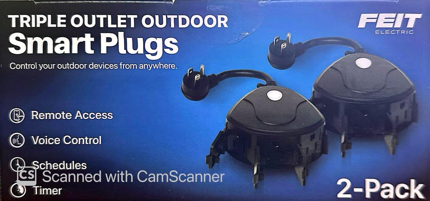 Feit Electric Triple Outlet Outdoor Smart Plugs, 2-Pack, WiFi, Controls Devices from Anywhere, Voice Control, Schedules, Timer, Compatible with Alexa and Google Home, Black