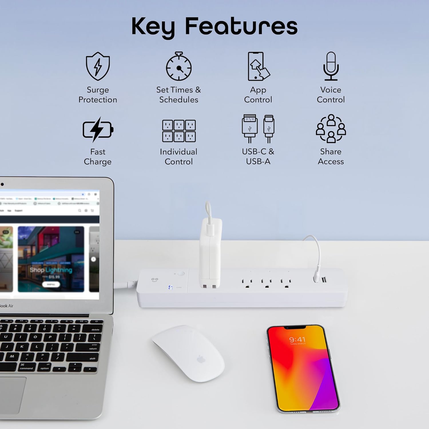 Geeni Multi Outlet Plug in, Smart 4 Outlet Wall Plug Plus 2 USB Ports, Surge Protector with 6 Ft Cord, WiFi Control, Alexa & Google Home Compatible, White