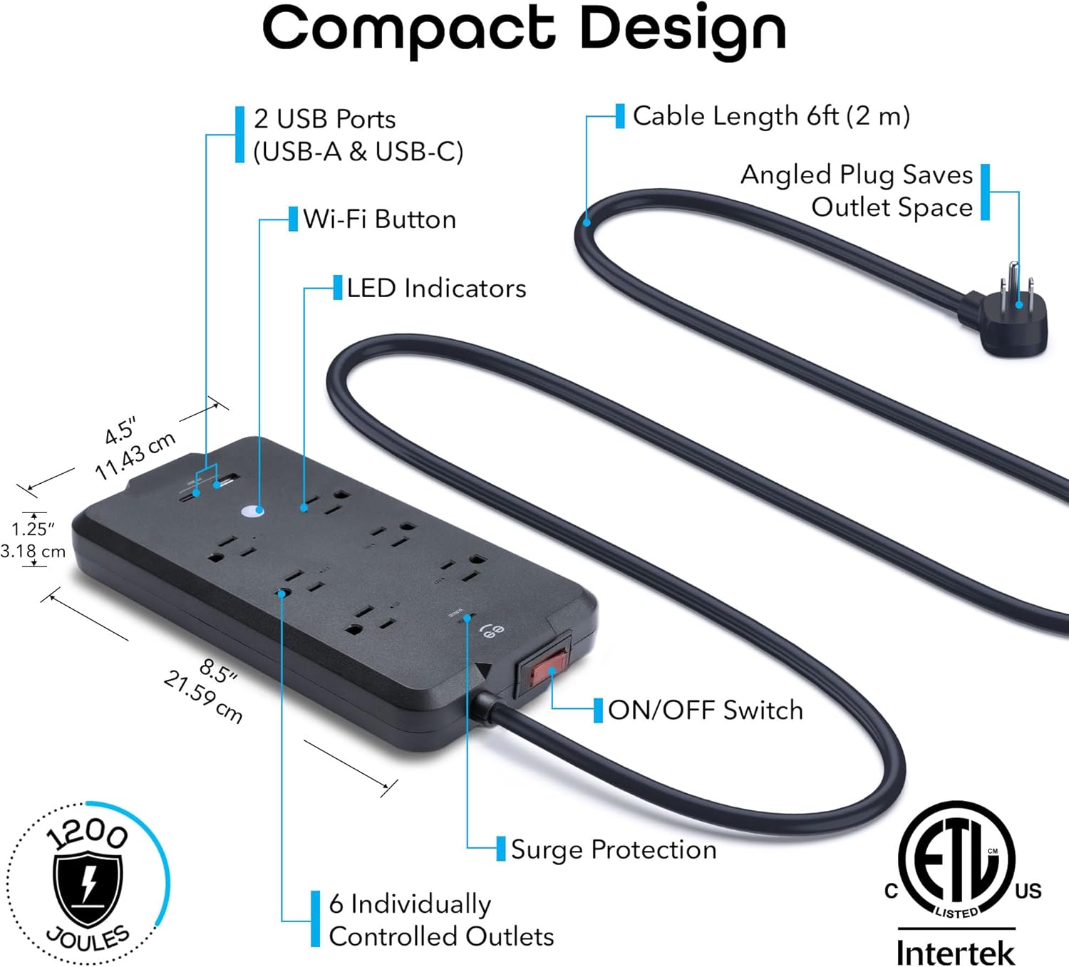 Geeni Smart Plug Power Strip, 6 Outlets and 2 USB Ports, 6 ft. Cord, Surge Protector with Voice Control, WiFi Control, Compatible with Alexa & Google Home, No Hub Required, Black - Image 6