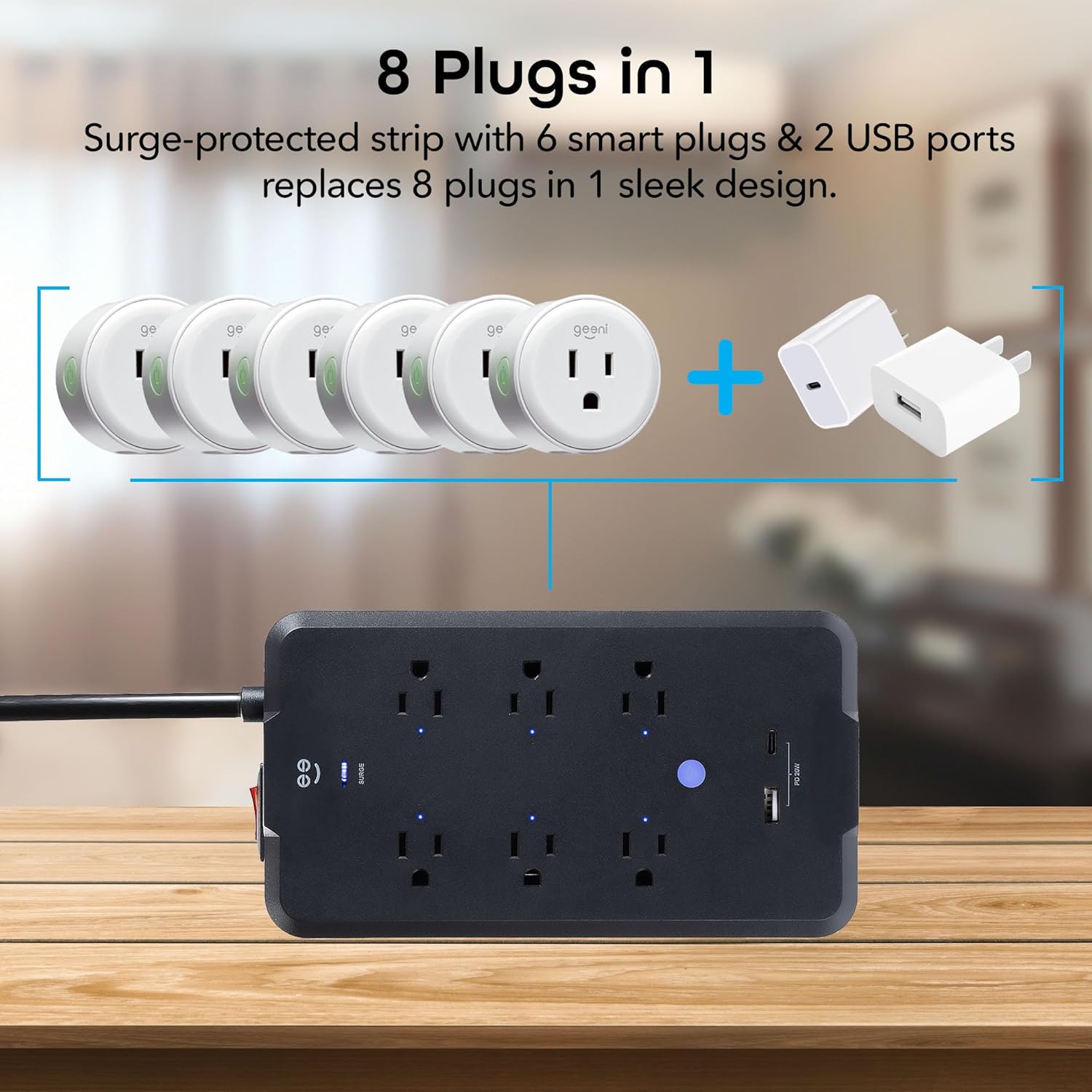 Geeni Smart Plug Power Strip, 6 Outlets and 2 USB Ports, 6 ft. Cord, Surge Protector with Voice Control, WiFi Control, Compatible with Alexa & Google Home, No Hub Required, Black - Image 7
