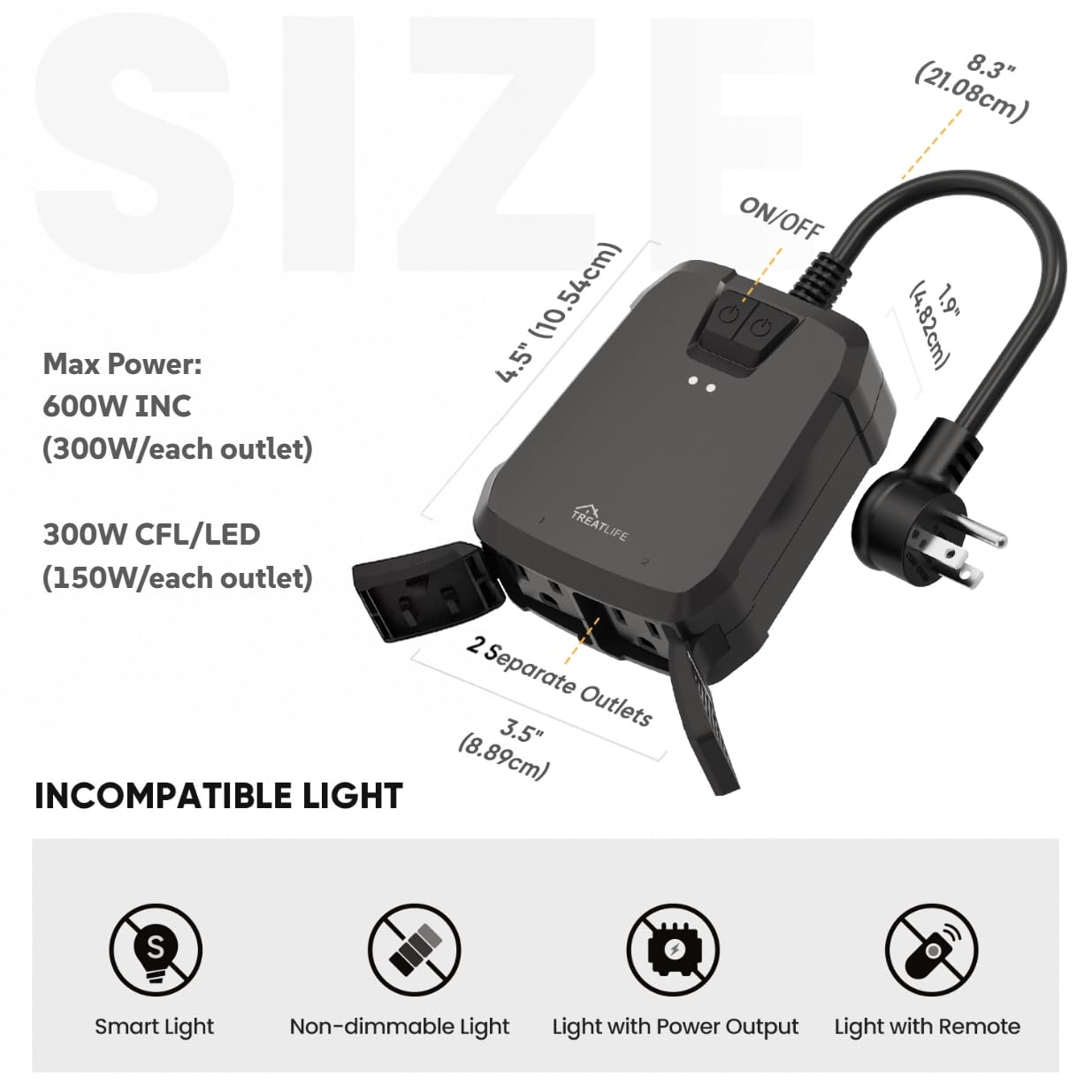 TREATLIFE 2 in 1 Outdoor Smart Dimmer Plug, 2 Individual Control Sockets, 600W, Compatible with Alexa, Google Home, IP64 Dimmer for Outdoor String Lights, Dusk to Dawn, 2.4GHz WiFi Only