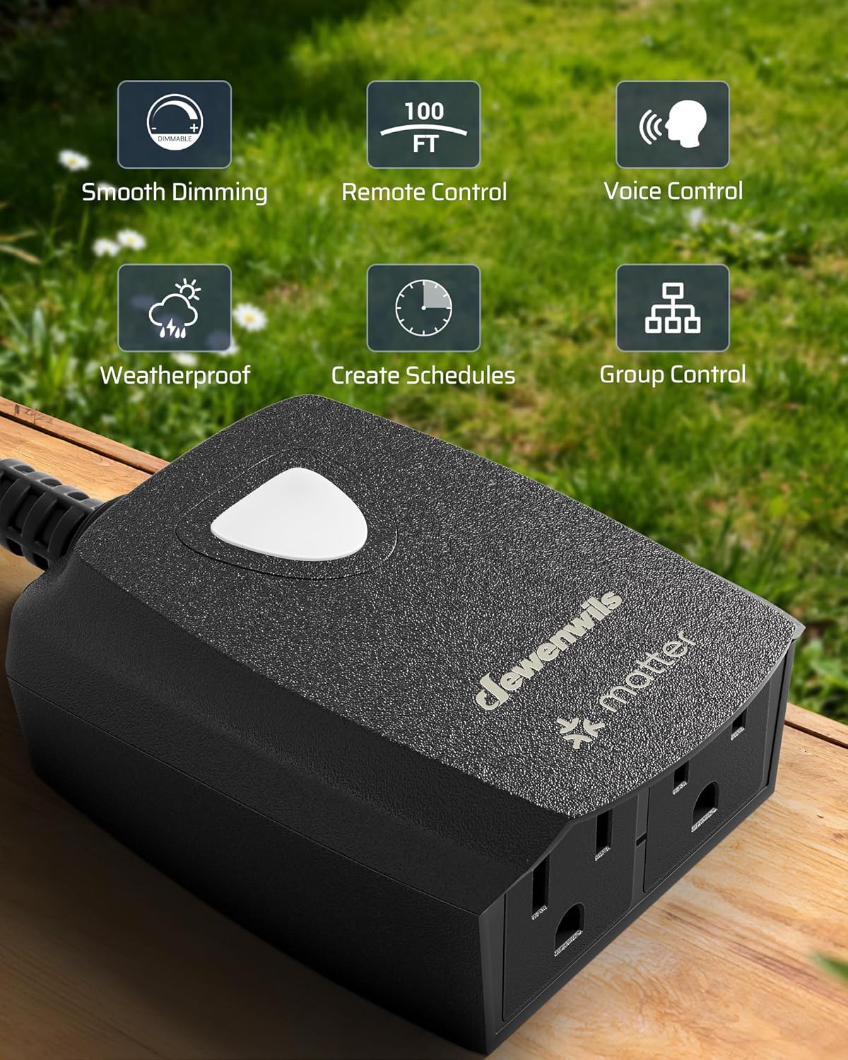 DEWENWILS Wi-Fi Matter Smart Dimmer Plug, Remote Control, 2 Grounded Outlets, Work with Alexa/Google Home, Support 200W Dimmable LED & 400W Tungsten Bulbs, Outdoor Dimmer for String Lights