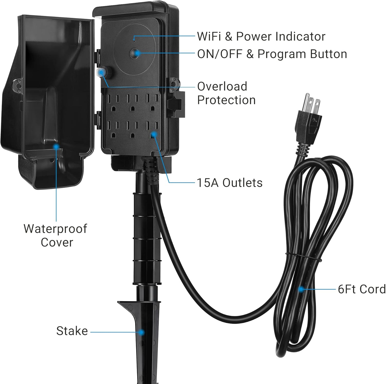 DEWENWILS WiFi Smart Yard Stake Plug with 6 Outlets, Voice Control, Waterproof Power Stake Timer with 6Ft Cord, Alexa&Google Assistant Compatible, 1875W/15A, for Outdoor Decoration Lights - Image 6