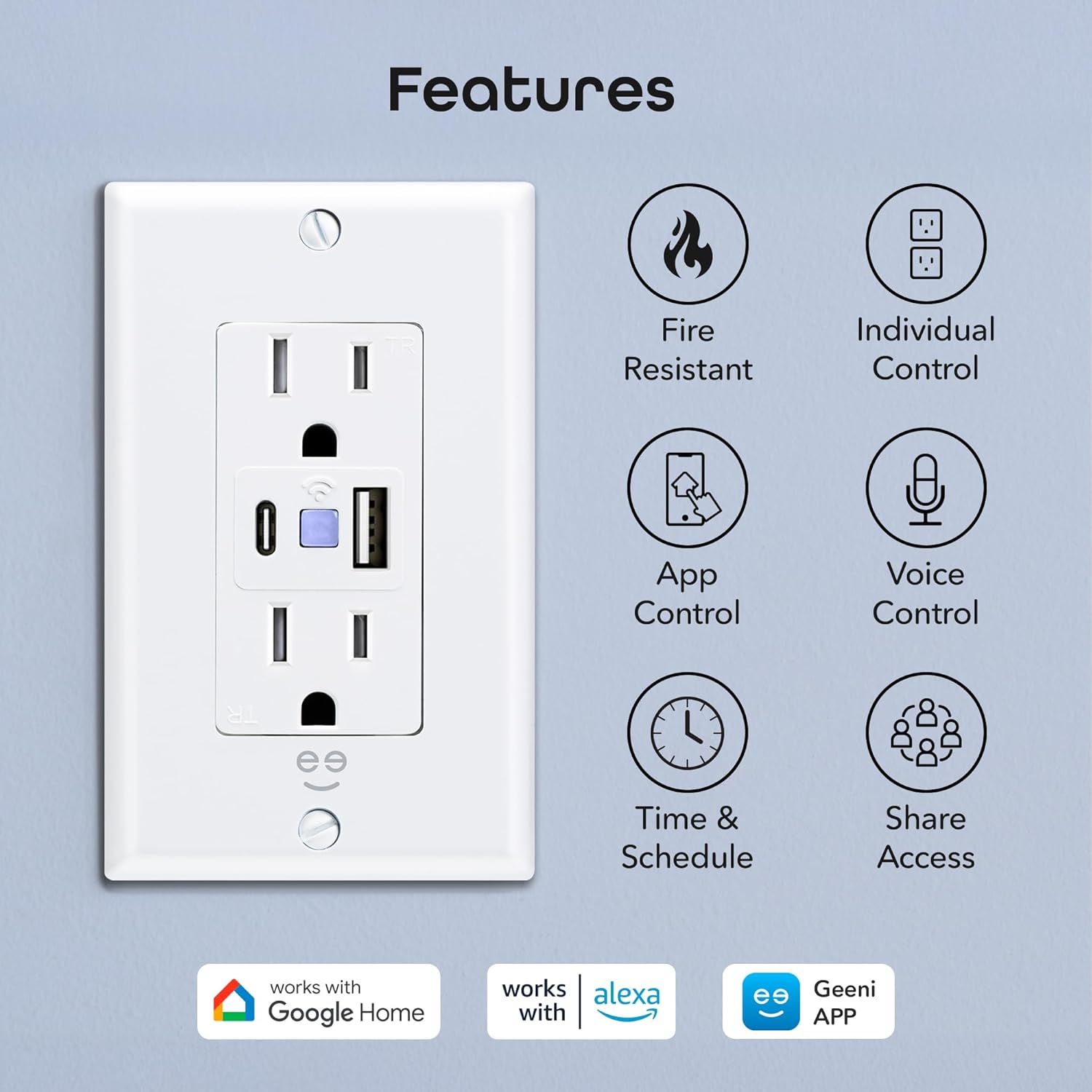 Geeni Current Smart Wi-Fi Outlet with 2 Fast Charge USB Ports (20W USB-C PD & Quick Charge USB-A), Voice Control, No Hub Required, Compatible with Alexa & Google Home