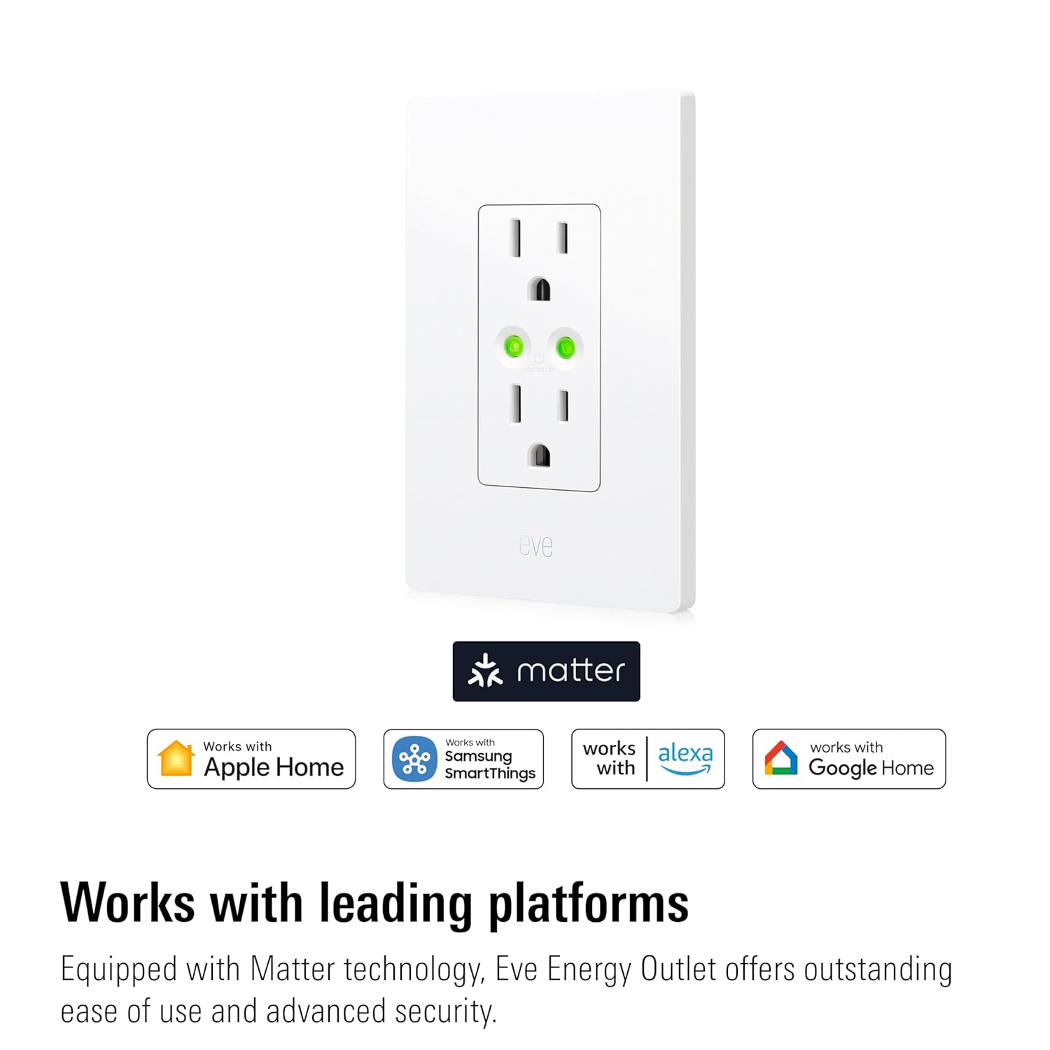 Eve Energy Outlet (Matter) u2013 Smart Outlet & Power Meter, App & Voice Control, No Bridge, Thread, Works with Apple Home, Alexa, Google Home, SmartThings, 100% Privacy, Requires Thread Border Router