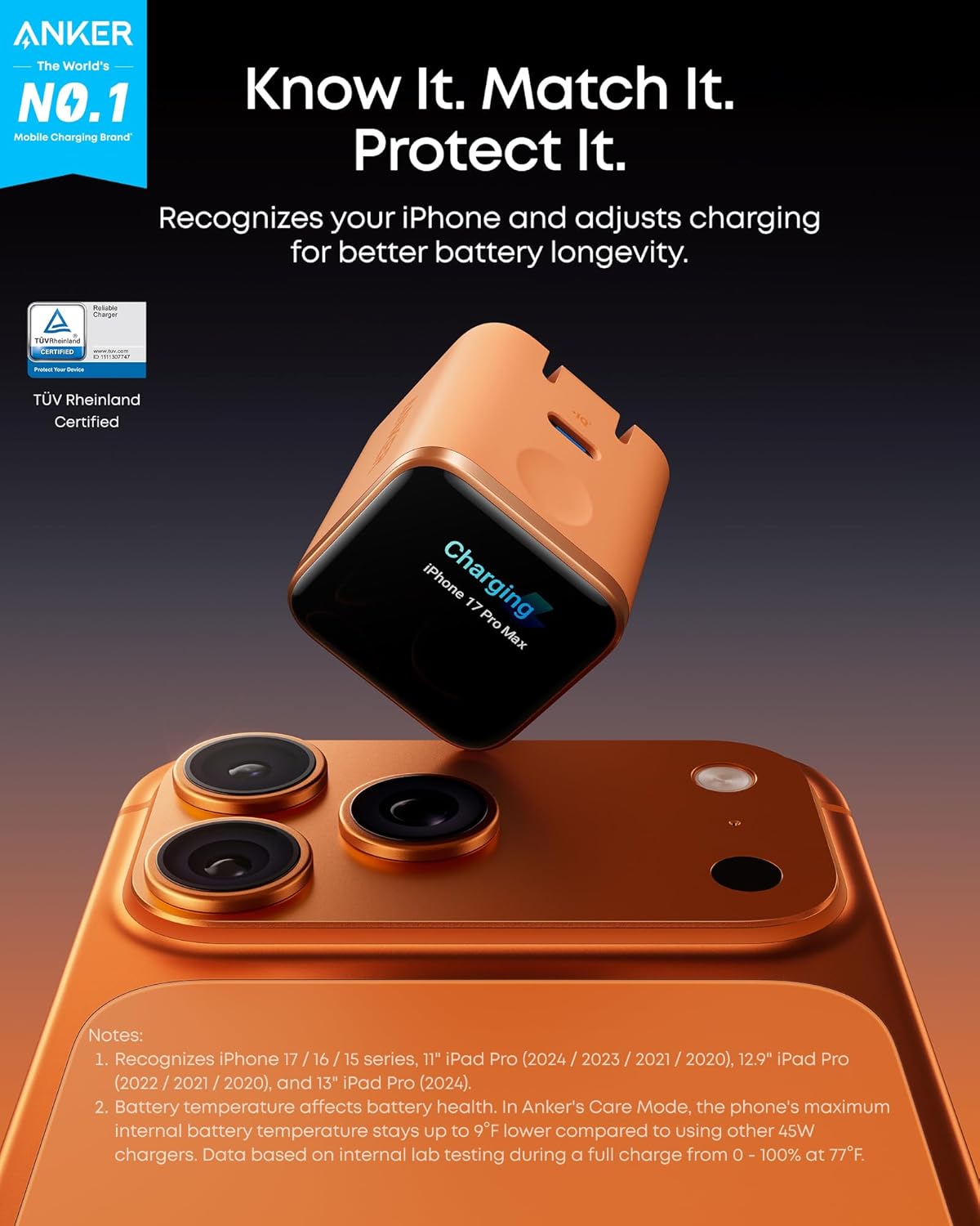 Anker Nano USB C Wall Charger, 45W Fast Charging Smart Display Charger, with 180° Foldable Plug, Smart Recognition,Built-in Care Mode,for iPhone 17/16,Apple Watch(White,Non-Battery,No Cable Included)