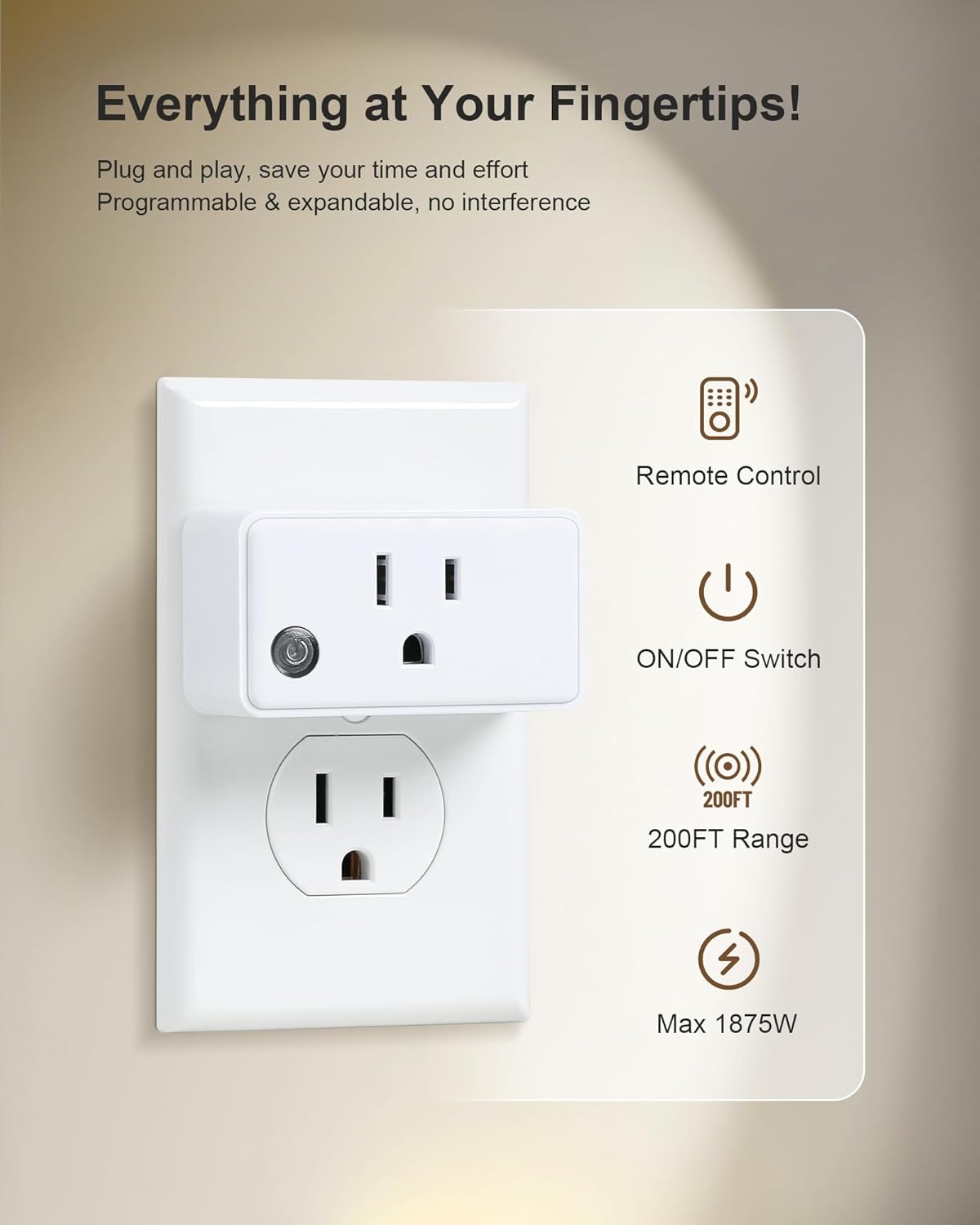 TREEWELL Remote Control Outlet, 200FT Long Range Wireless Light Switch, Mini Remote Outlet Plug, 15A/1875W High-Power for Lamps, Lights, Household Appliances, FCC & ETL Listed (5 Outlets + 2 Remotes)