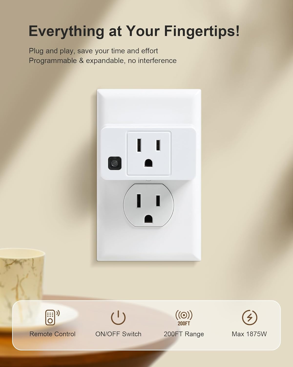 Remote Control Outlet, 200FT Long Range Wireless Light Switch, Mini Electrical Outlet Plug, 15A/1875W High-Power Switch for Lights, Fans, Household Appliances, FCC & ETL Listed (3 Outlets + 1 Remote)