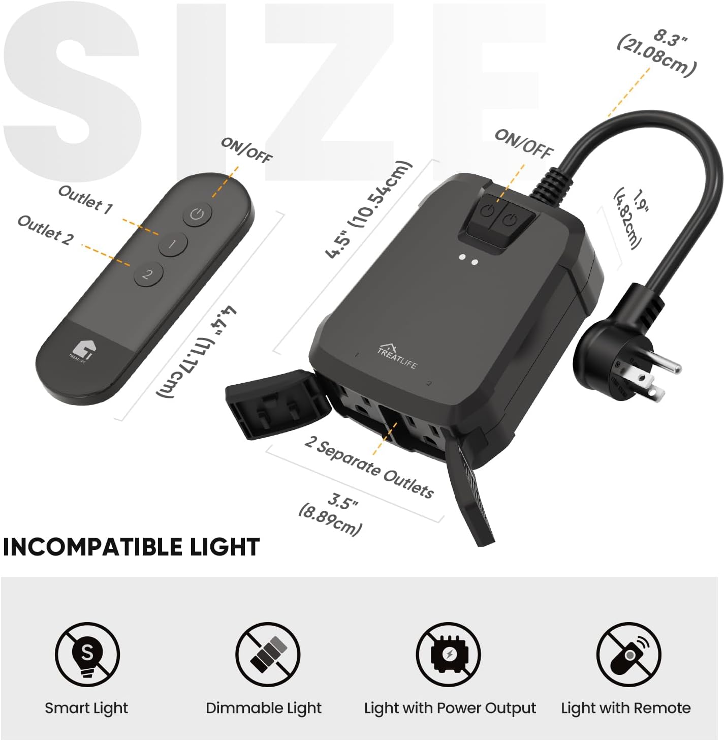 TREATLIFE Outdoor Wireless Remote Control Outlet, 2-in-1 Individual Control Sockets, IP64 Weather-Resistant Electrical Outlet Switch, Heavy Duty 3-Prong Plug, Max Power 1800W, Battery Included