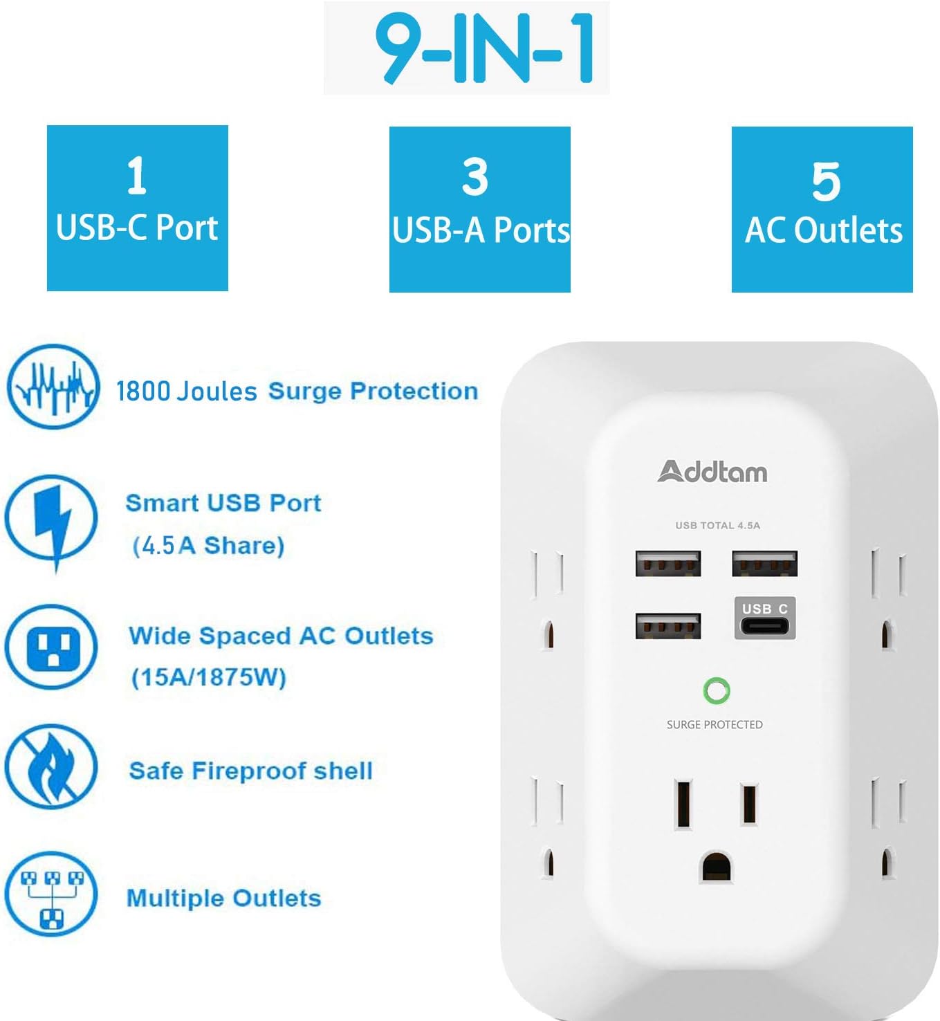 Addtam USB Wall Charger Surge Protector 5 Outlet Extender with 4 USB Charging Ports (1 USB C Outlet) 3 Sided 1800J Power Strip Multi Plug Outlets Wall Adapter Spaced for Home Travel Office ETL Listed