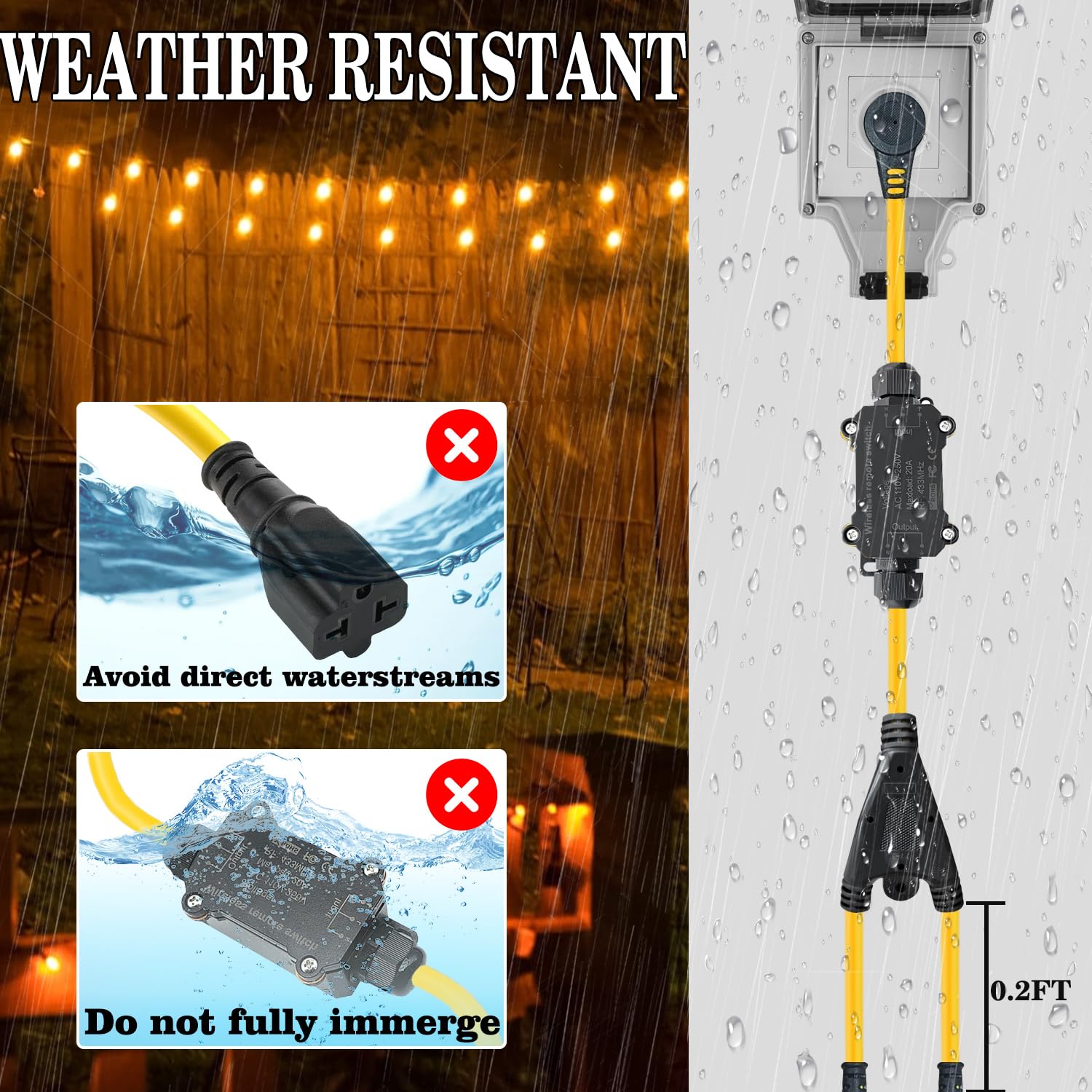 NEWNEWLIU AC110V Outdoor Wireless Remote Control Power Switch, AC110V/120V/250V/20A Heavy Duty Weatherproof Smart Outlet Plug with 2-Way Y-Splitter,164FT Range for Lamps,Pumps,Dust Collectors