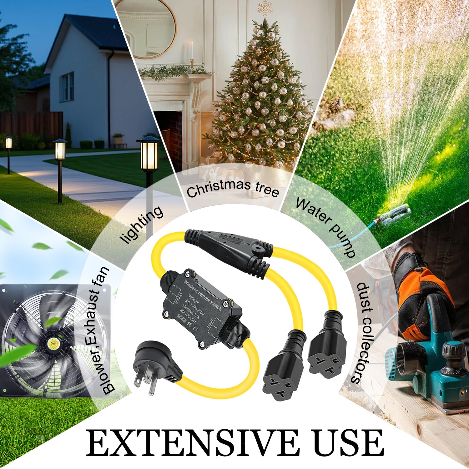 NEWNEWLIU AC110V Outdoor Wireless Remote Control Power Switch, AC110V/120V/250V/20A Heavy Duty Weatherproof Smart Outlet Plug with 2-Way Y-Splitter,164FT Range for Lamps,Pumps,Dust Collectors - Image 8