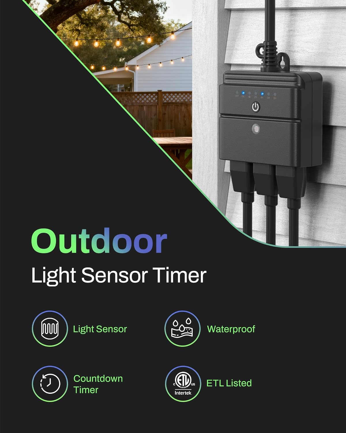 BN-LINK Outdoor Light Timer, Waterproof Plug-in Dusk-to-Dawn Controller with 3 Grounded Outlets for Christmas & Halloween String Lights, 15A 1/2HP, ETL Listed