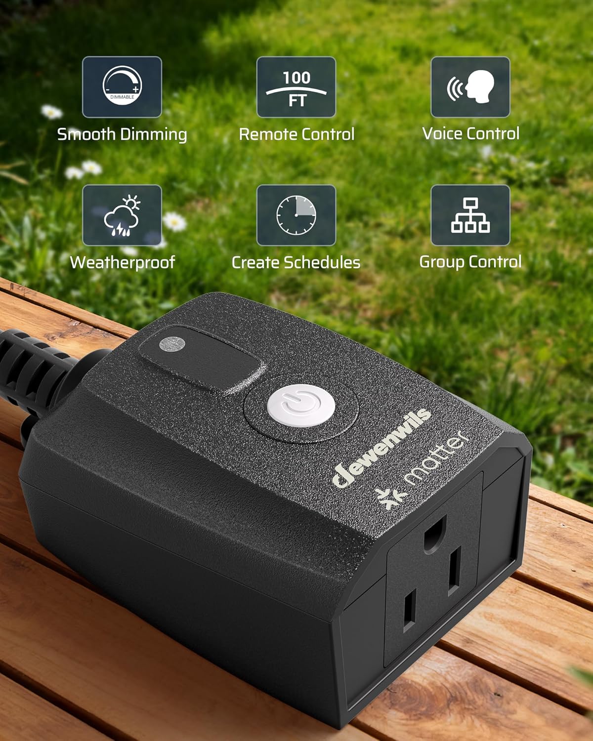 DEWENWILS Wi-Fi Matter Smart Dimmer Plug, Outdoor Dimmer for String Lights, Works with Alexa, Google Home, SmartThings, 100FT Remote, for 150W Dimmable LED/300W Tungsten Bulbs