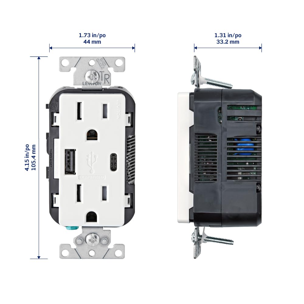 Leviton Type A & Type-C USB In-Wall Charger with 15A Tamper-Resistant Outlet, USB Charger for Smartphones and Tablets, Not for Laptops, T5633-W, White