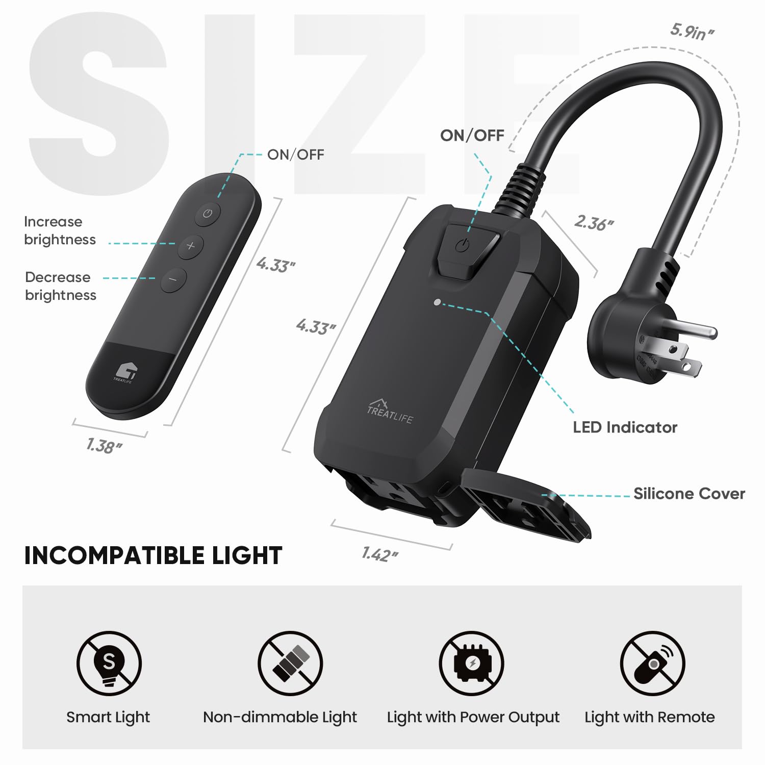 TREATLIFE Dimmer Plug with 100FT Wireless Remote Control, IP44 Weather Resistance, Outdoor Dimmer for String Lights, Lamps, Patio Lights, Max Power 400W