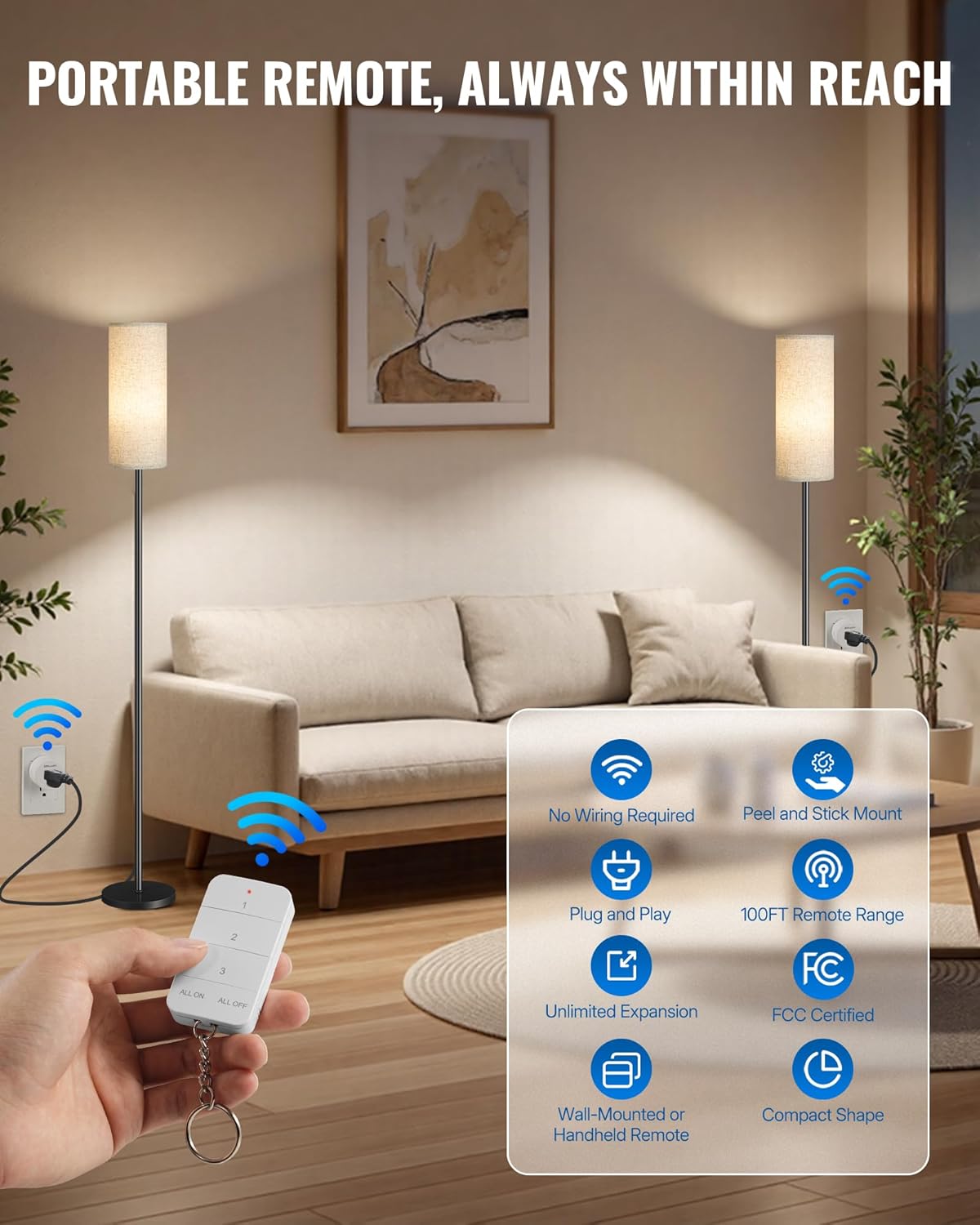 Remote Control Outlet, WILAWELS Wireless Light Switch with Magnetic Base, On Off Remote Outlet Switch for Lights, Lamps, Fan, Appliance, 100ft RF Range, 15A/1875W, One Remote for Two Plugs W09RC1206 - Image 4